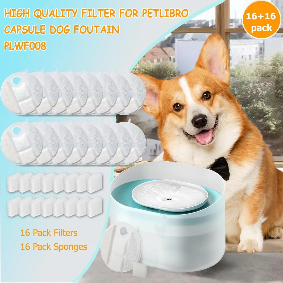 16 Pack Dog Water Fountain Replacement Filters for Petlibro Capsule Dog Fountain PLWF008,Dog Water Fountain Filter with Replacement Pre-Filter Pump Sponges.