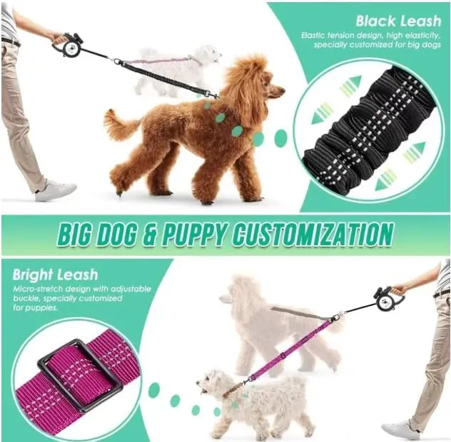 16ft Long Dual Dog Leash Attachment - Double Leashes for Training Small to Large Dogs - Adjustable Strap, Shock Absorbing Bungee (Gray)