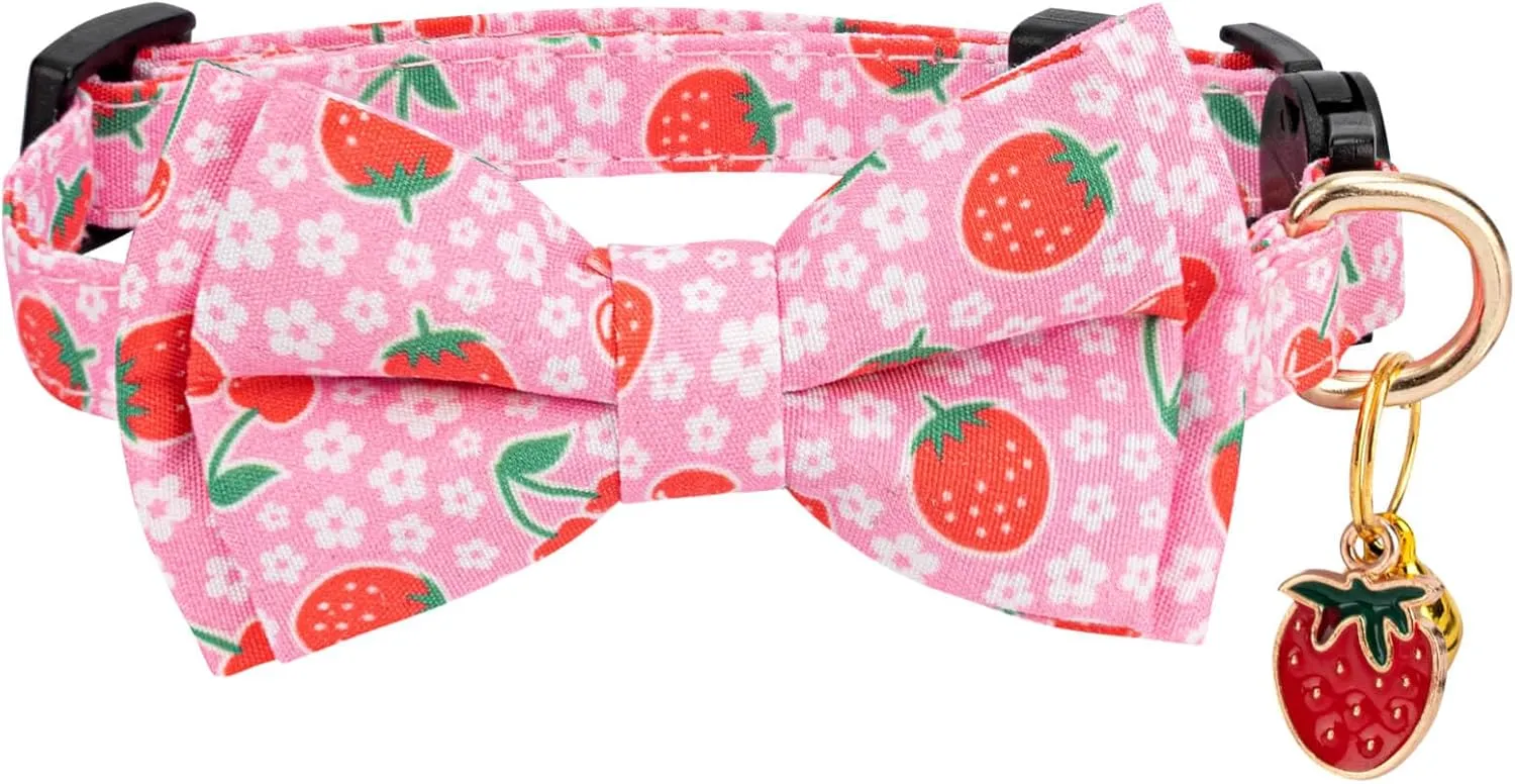 2 Pack Breakaway Cat Collar with Removable Bow Tie and Bell for Boy Girl Cats,Cute Cotton Kitten Collar with Purple Lavender and Red Flower Pattern for Female Male Cats (Cherry&Strawberry)