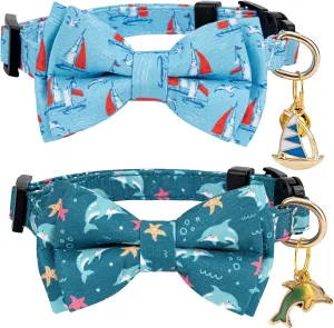 2 Pack Breakaway Cat Collar with Removable Bow Tie and Bell for Boy Girl Cats,Cute Cotton Kitten Collar with Purple Lavender and Red Flower Pattern for Female Male Cats (Dolphin&Sailboat)