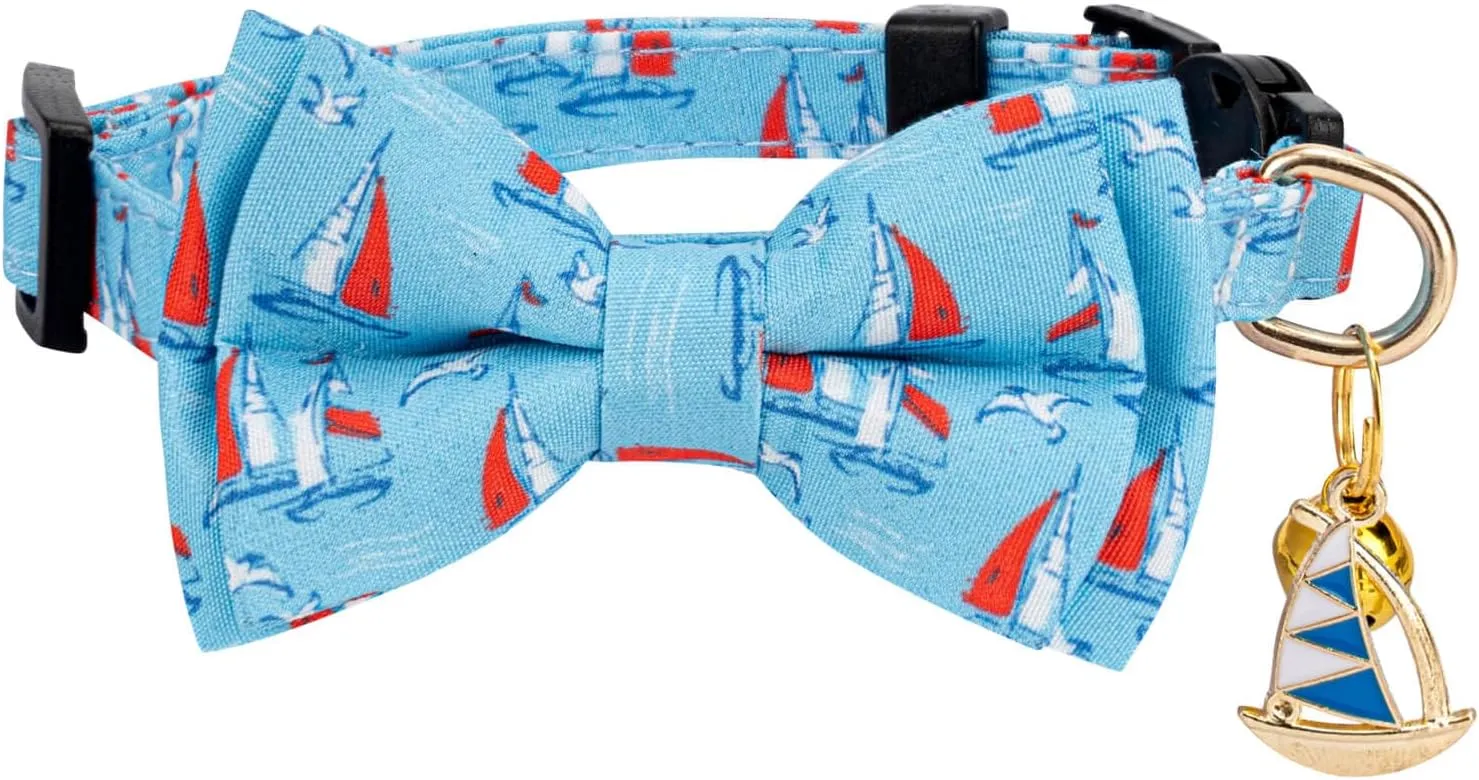 2 Pack Breakaway Cat Collar with Removable Bow Tie and Bell for Boy Girl Cats,Cute Cotton Kitten Collar with Purple Lavender and Red Flower Pattern for Female Male Cats (Dolphin&Sailboat)