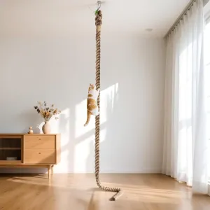 2" x 9.84Ft Cat Climbing Rope with Hook for Ceiling & Wall Mounted, Natural Sisal Rope for Cat Scratcher with Feather Toy for Indoor/Outdoor Cats, Durable Cat Tree Replacement Rope