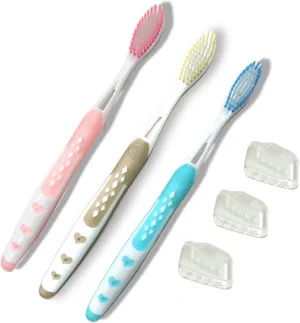 3pc Soft Bristles Toothbrush Deep Cleaning Sensitive Teeth Gum Extra Fine Bristles Ergonomic Non-Slip Comfort Hold Tooth Brush & Caps Pastel Colors BPA-Free