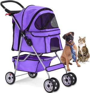 4 Wheels Pet Stroller Cat Dog Cage Stroller Travel Folding Carrier with Cup Holders and Removable Liner for Small-Medium Dog, Cat (Purple)