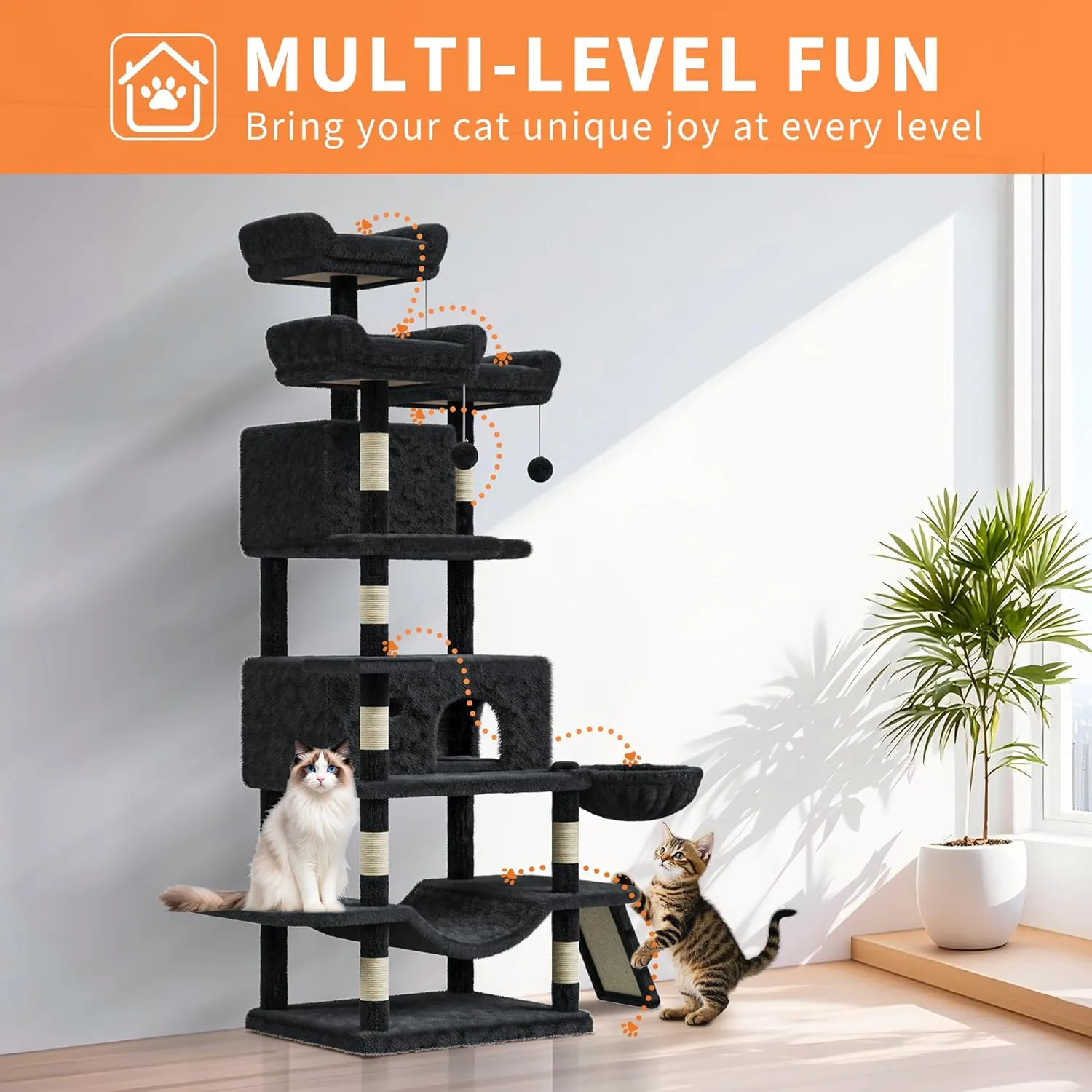 68.5-Inch Multi-Level Cat Tree for Indoor Cats Large Adult Heavy Duty Cat Tower for Large Cats with 2 Condos/Plush Perches/Sisal Scratching Posts/Hammocks/Basket/Dangling Balls, #2604 Dark-Grey
