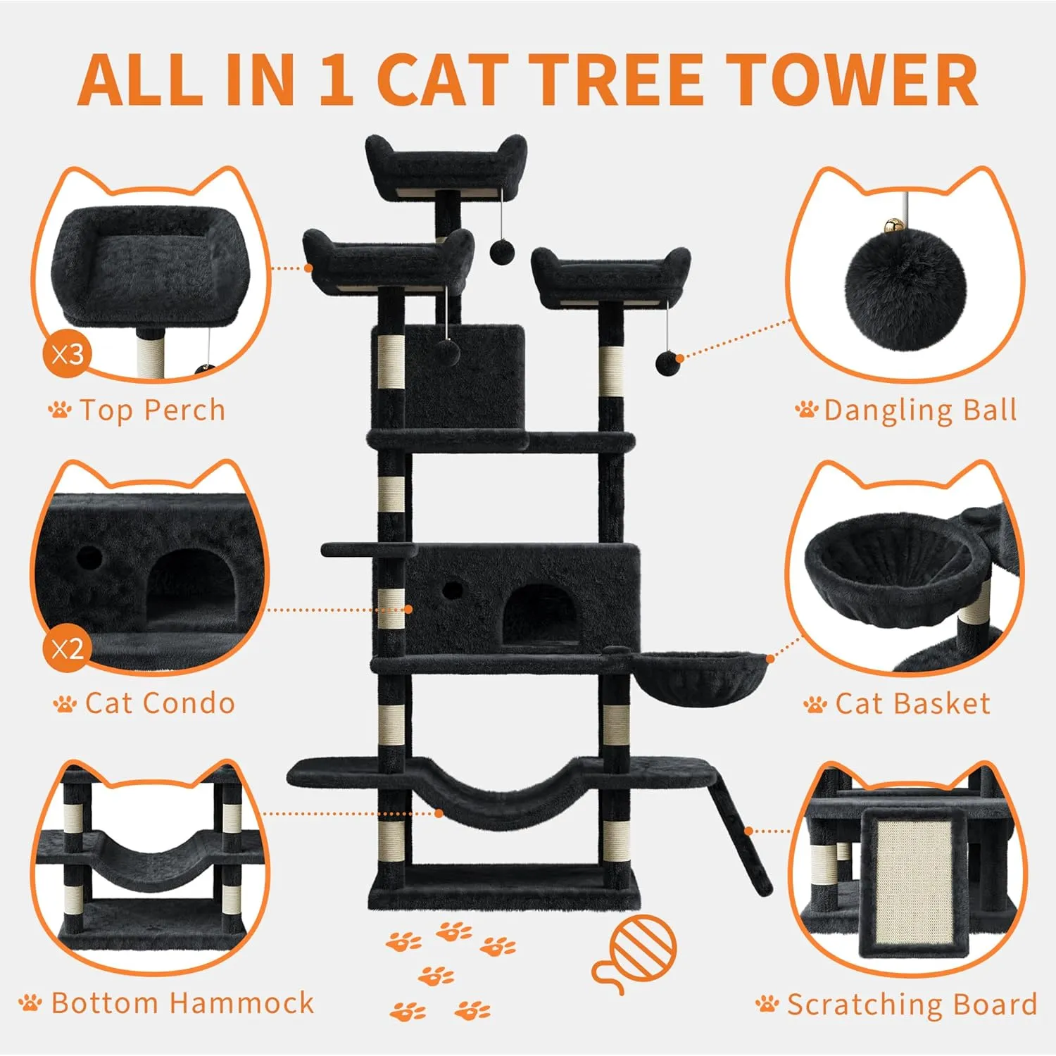 68.5-Inch Multi-Level Cat Tree for Indoor Cats Large Adult Heavy Duty Cat Tower for Large Cats with 2 Condos/Plush Perches/Sisal Scratching Posts/Hammocks/Basket/Dangling Balls, #2604 Dark-Grey