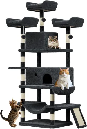 68.5-Inch Multi-Level Cat Tree for Indoor Cats Large Adult Heavy Duty Cat Tower for Large Cats with 2 Condos/Plush Perches/Sisal Scratching Posts/Hammocks/Basket/Dangling Balls, #2604 Dark-Grey