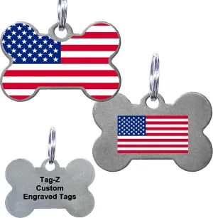 American Flag (USA) Pet ID Tag, Custom Laser Engraved, Stainless Steel Bone with Split Ring and Silencer