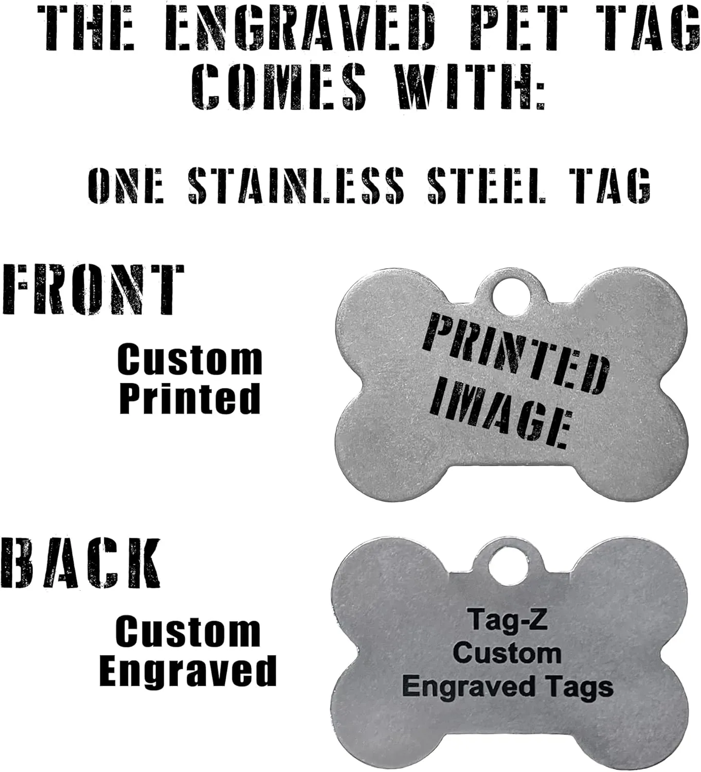 American Flag (USA) Pet ID Tag, Custom Laser Engraved, Stainless Steel Bone with Split Ring and Silencer