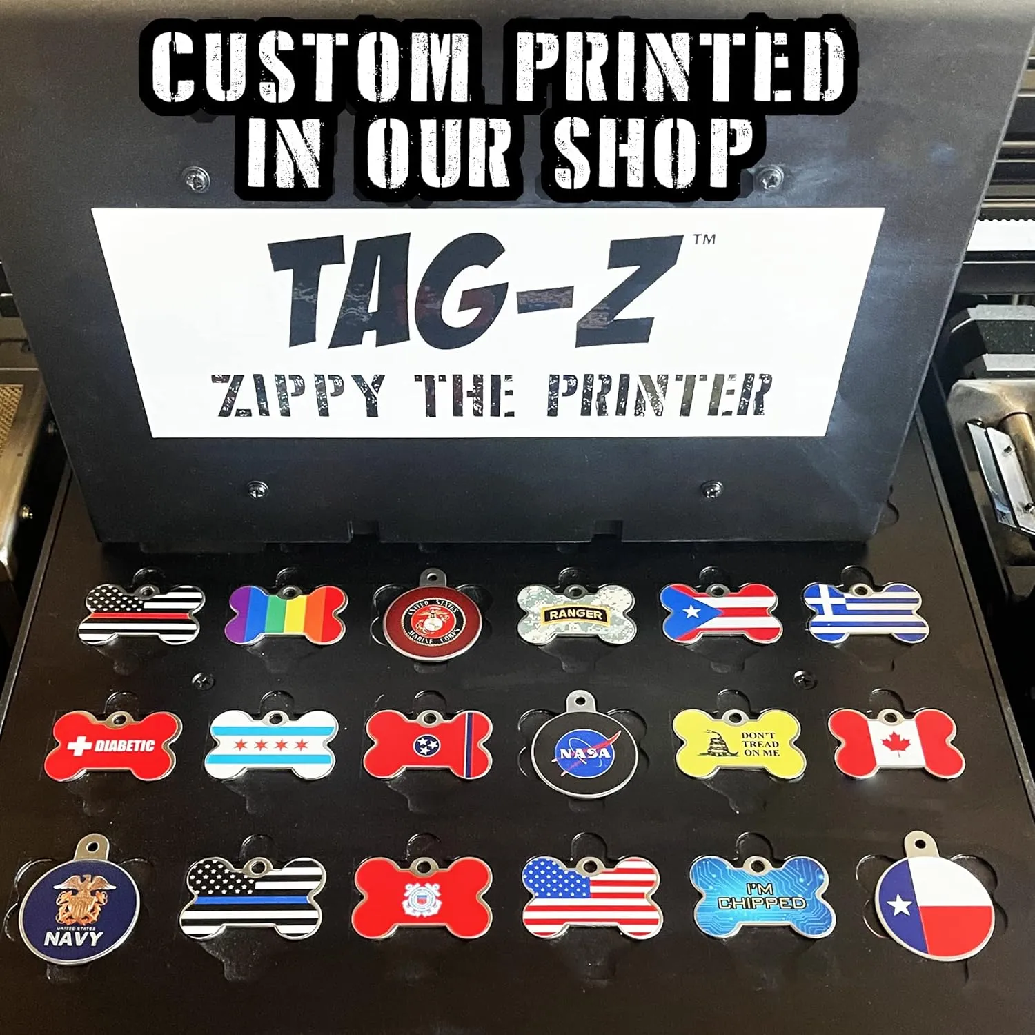 American Flag (USA) Pet ID Tag, Custom Laser Engraved, Stainless Steel Bone with Split Ring and Silencer