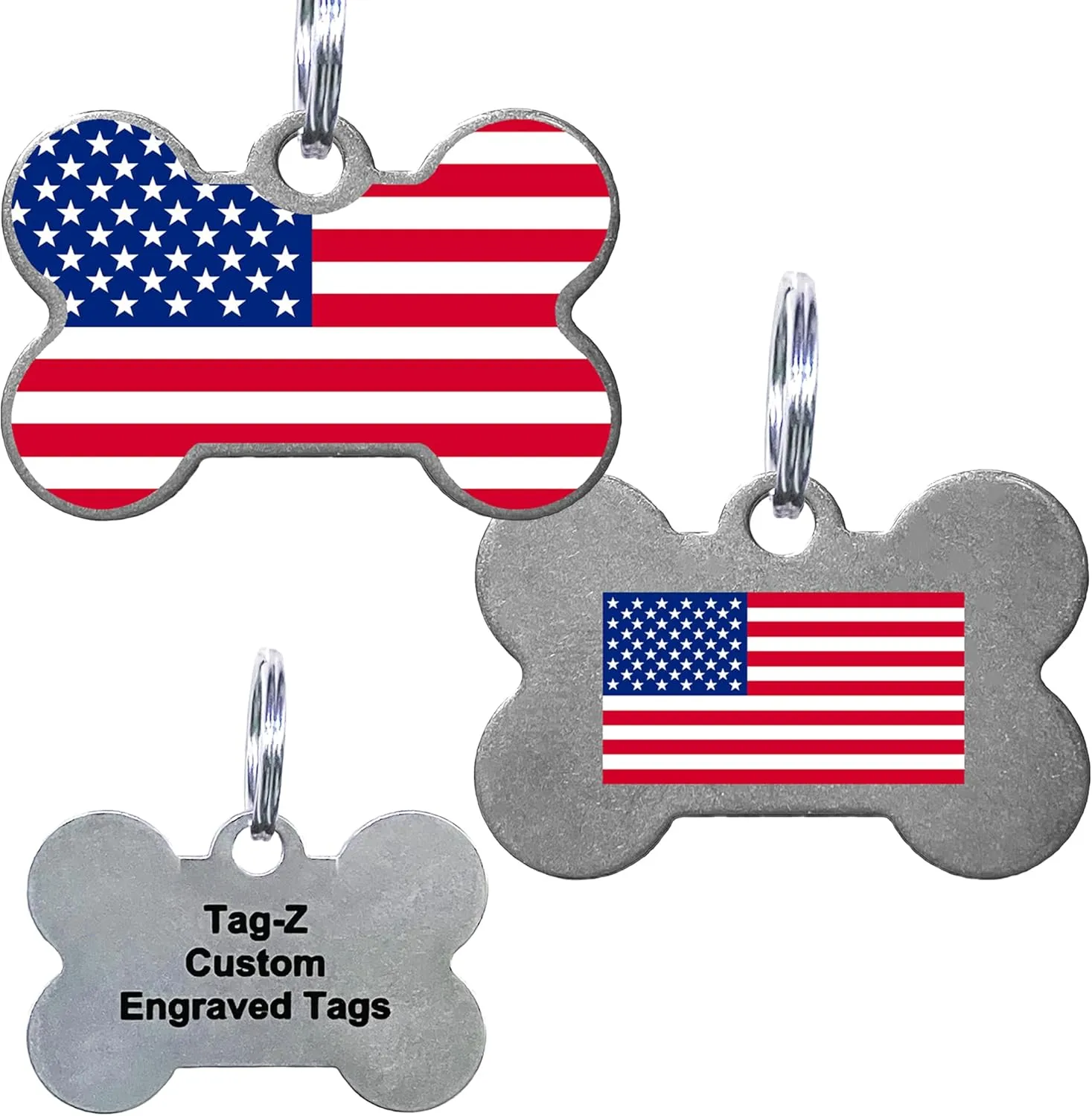 American Flag (USA) Pet ID Tag, Custom Laser Engraved, Stainless Steel Bone with Split Ring and Silencer