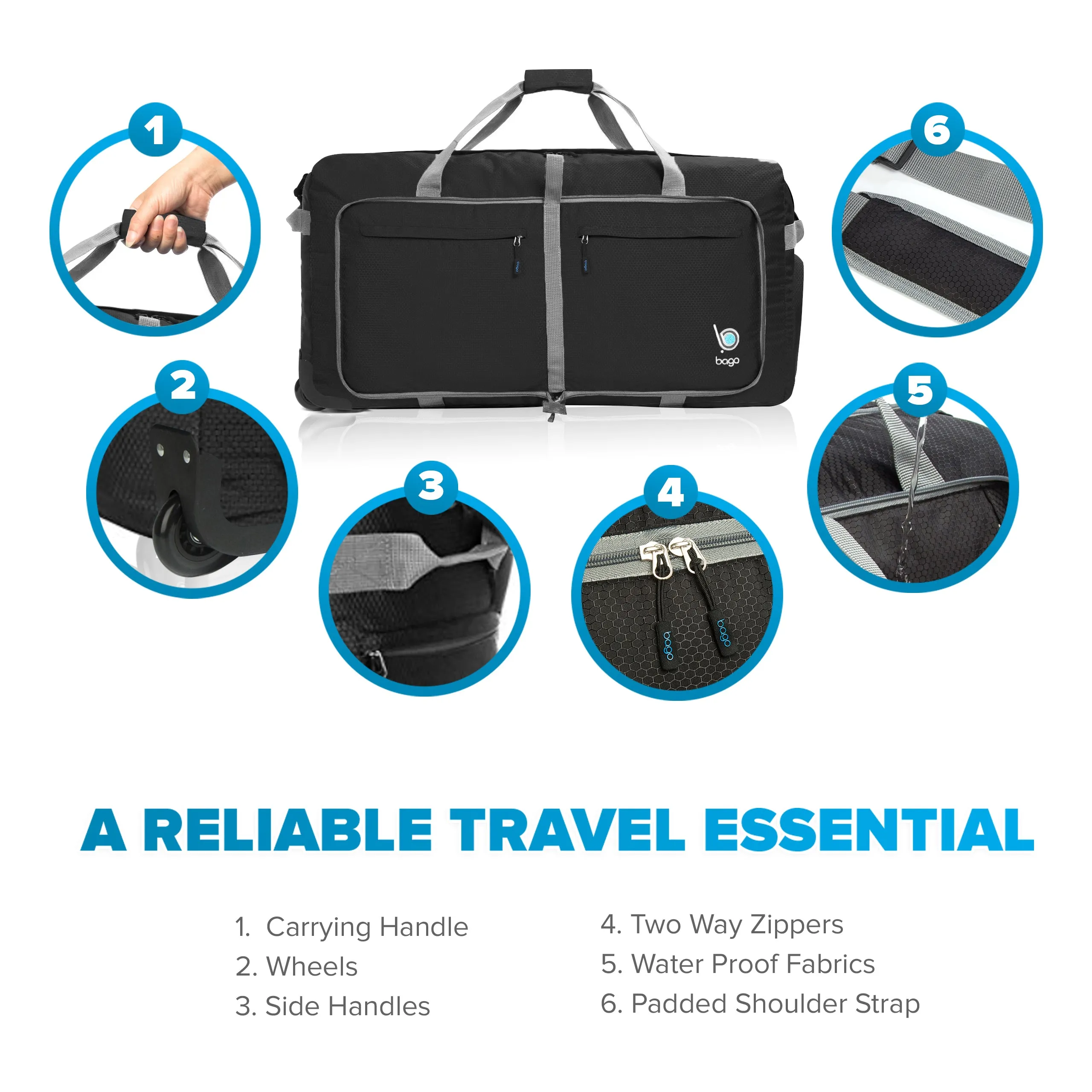 Bago Large Foldable Duffel Bags for Traveling Women & Men - 100L Packable Duffle Bag for Travel with Shoe Compartment - Water Repellant, Heavy Duty, Lightweight Folding & Collapsible