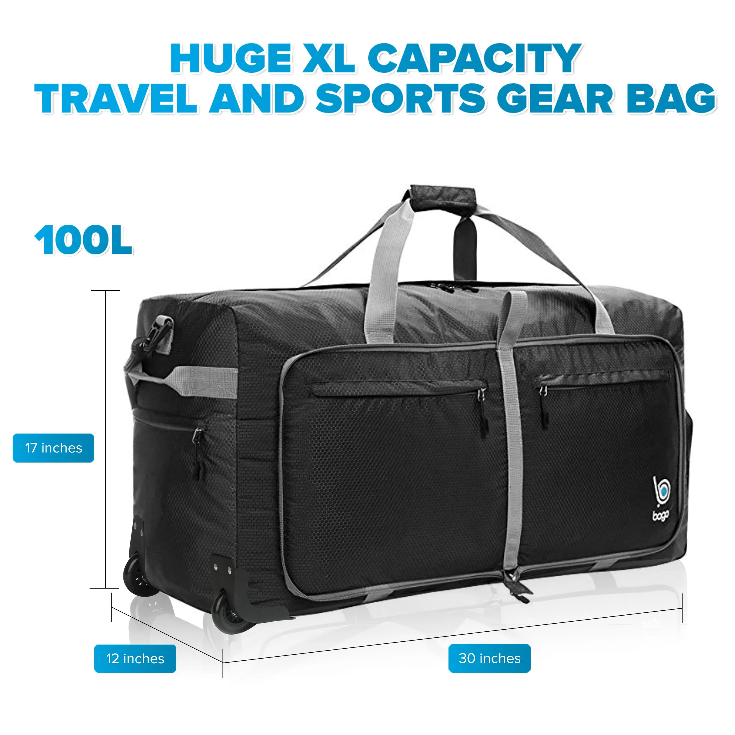 Bago Large Foldable Duffel Bags for Traveling Women & Men - 100L Packable Duffle Bag for Travel with Shoe Compartment - Water Repellant, Heavy Duty, Lightweight Folding & Collapsible