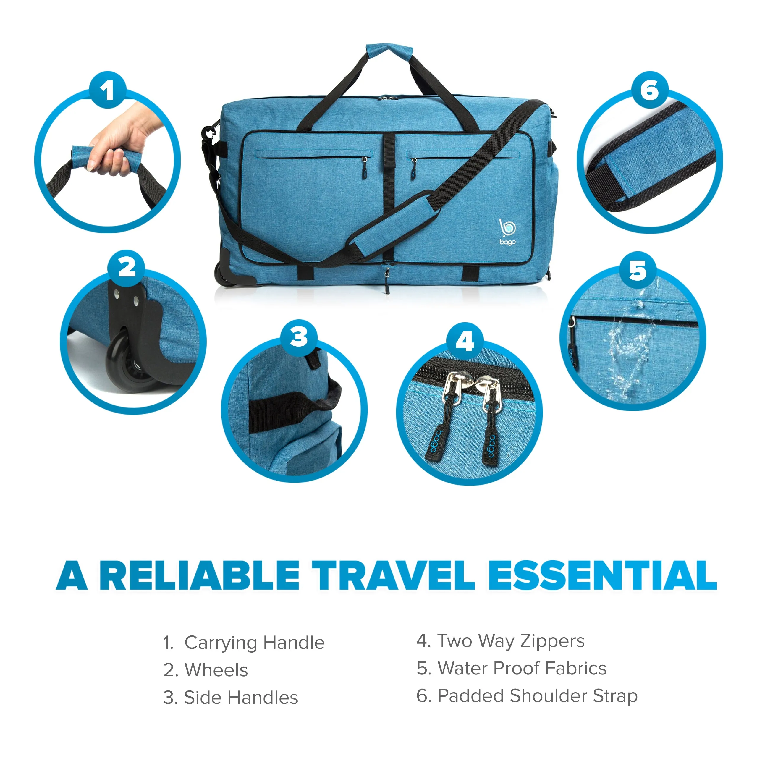 Bago Large Foldable Duffel Bags for Traveling Women & Men - 100L Packable Duffle Bag for Travel with Shoe Compartment - Water Repellant, Heavy Duty, Lightweight Folding & Collapsible