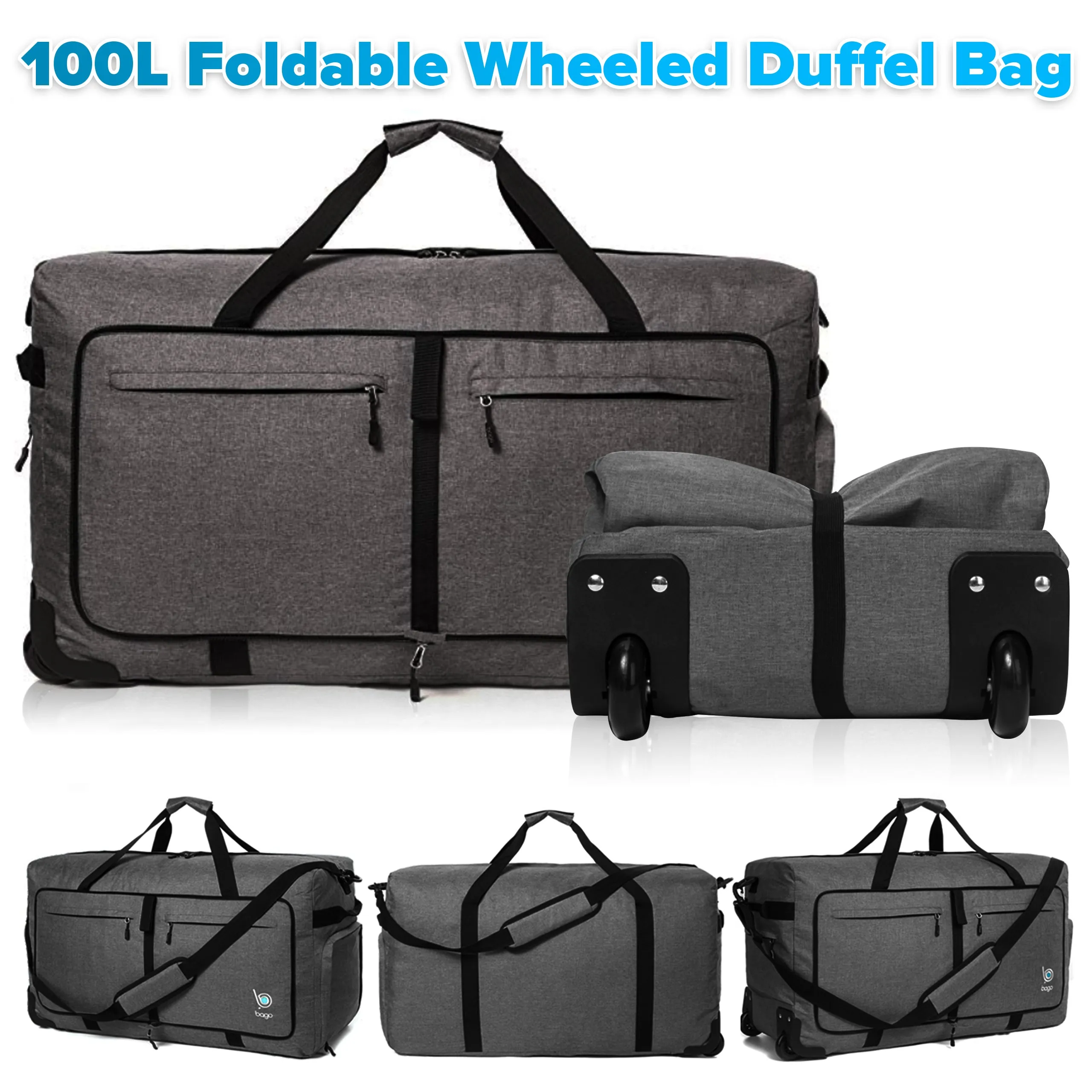Bago Large Foldable Duffel Bags for Traveling Women & Men - 100L Packable Duffle Bag for Travel with Shoe Compartment - Water Repellant, Heavy Duty, Lightweight Folding & Collapsible