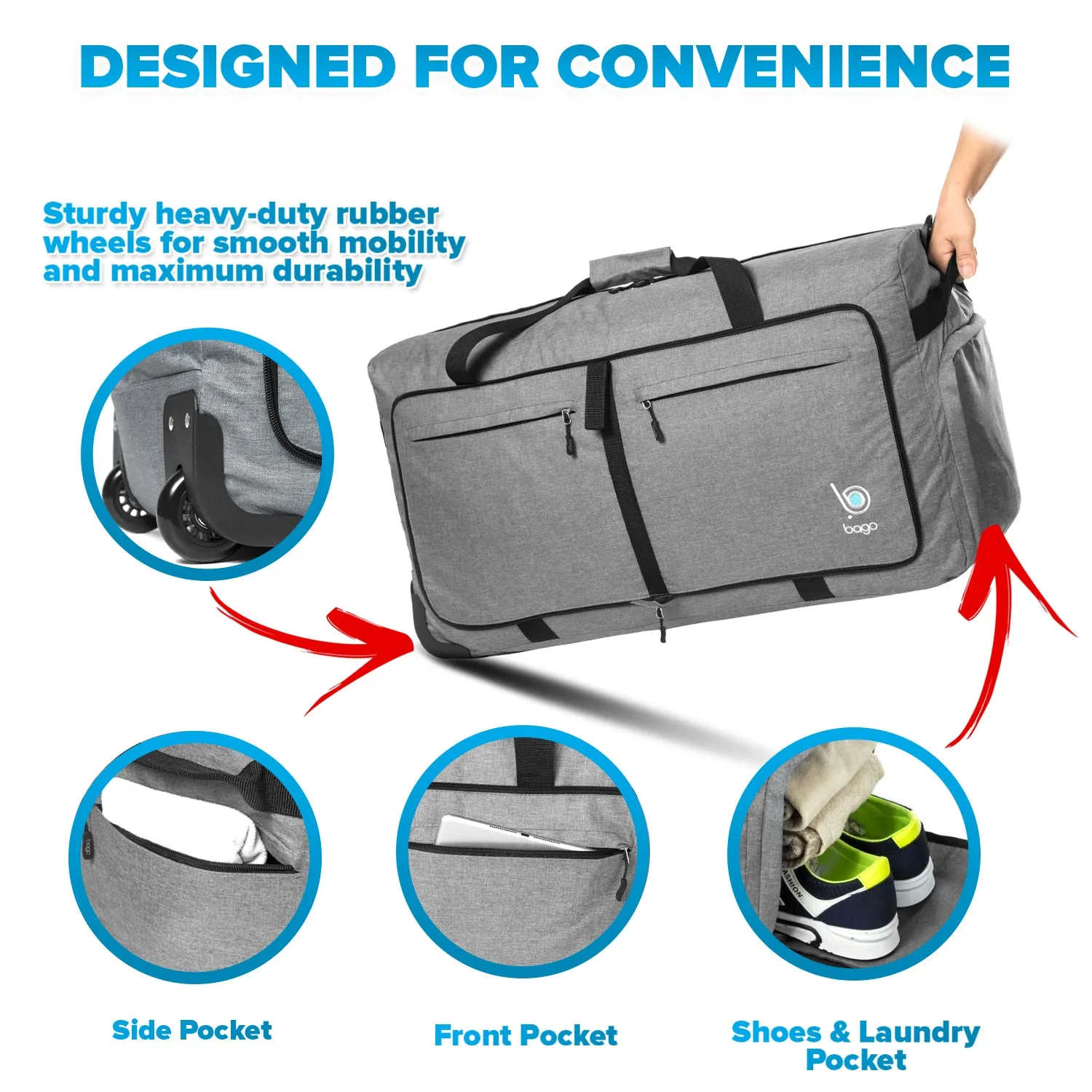 Bago Large Foldable Duffel Bags for Traveling Women & Men - 100L Packable Duffle Bag for Travel with Shoe Compartment - Water Repellant, Heavy Duty, Lightweight Folding & Collapsible