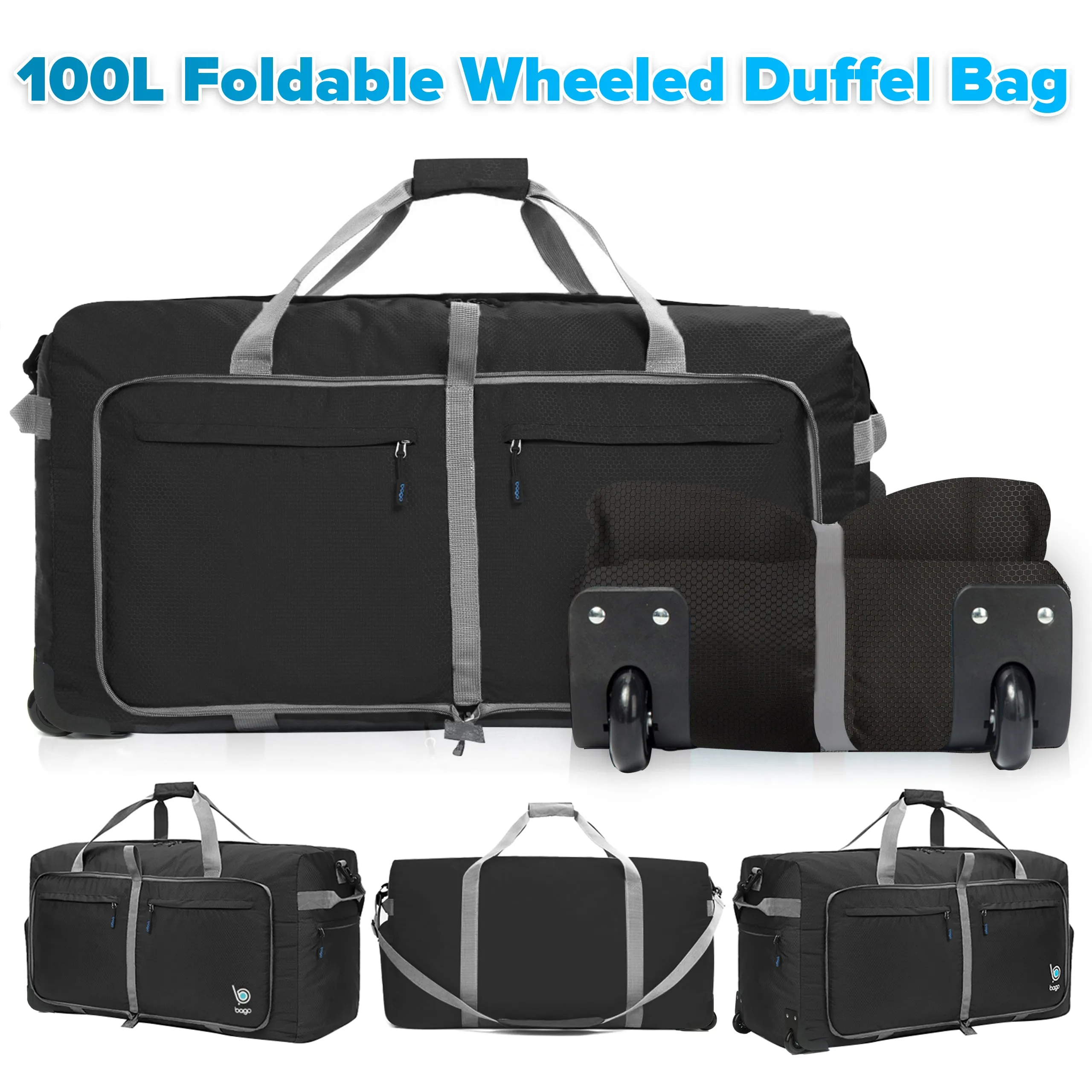 Bago Large Foldable Duffel Bags for Traveling Women & Men - 100L Packable Duffle Bag for Travel with Shoe Compartment - Water Repellant, Heavy Duty, Lightweight Folding & Collapsible