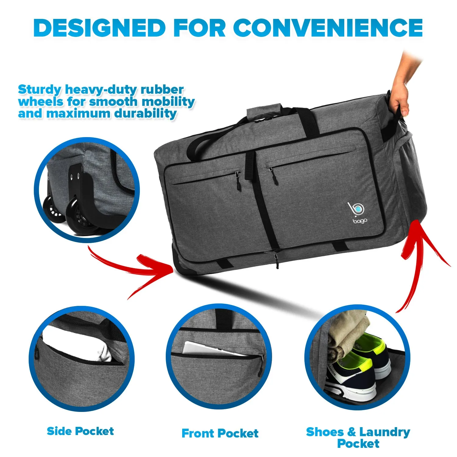 Bago Large Foldable Duffel Bags for Traveling Women & Men - 100L Packable Duffle Bag for Travel with Shoe Compartment - Water Repellant, Heavy Duty, Lightweight Folding & Collapsible