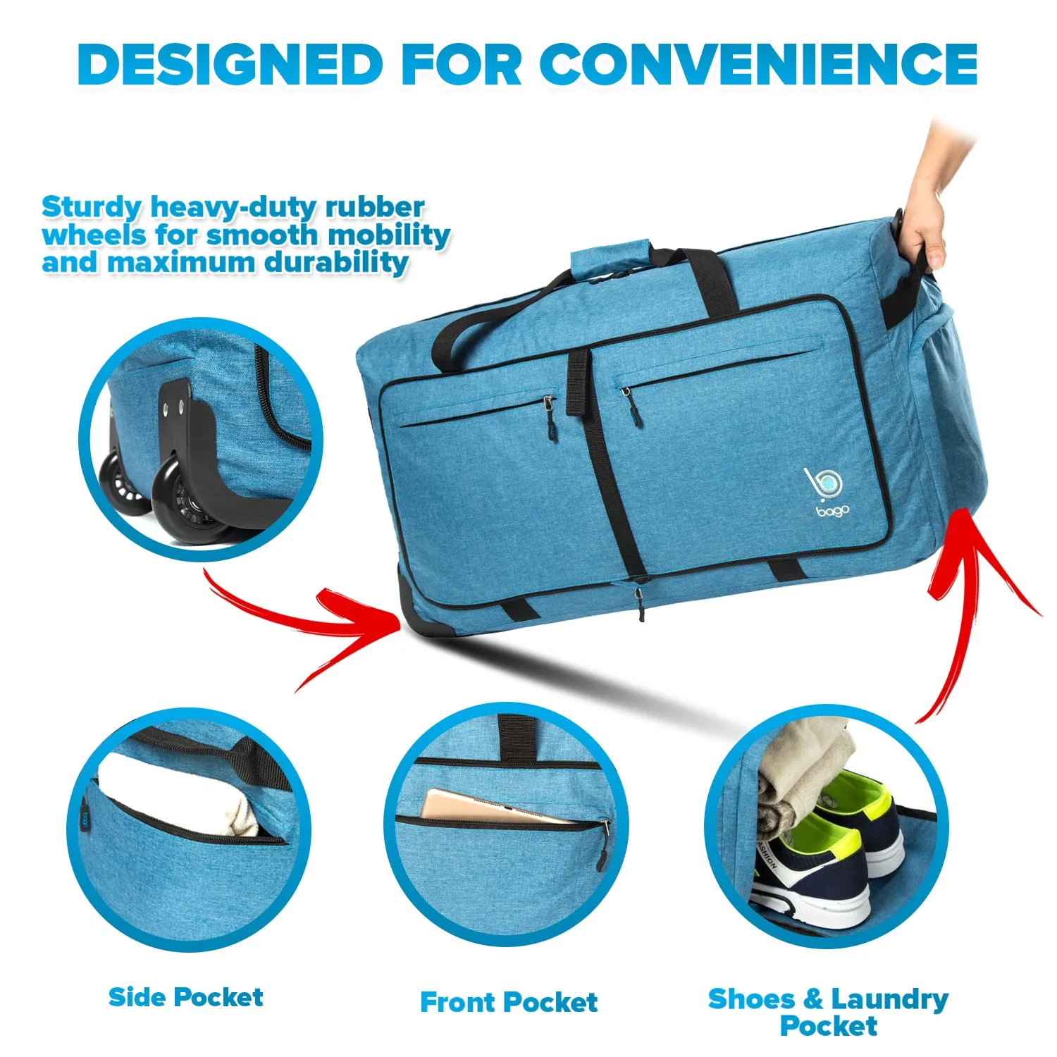 Bago Large Foldable Duffel Bags for Traveling Women & Men - 100L Packable Duffle Bag for Travel with Shoe Compartment - Water Repellant, Heavy Duty, Lightweight Folding & Collapsible
