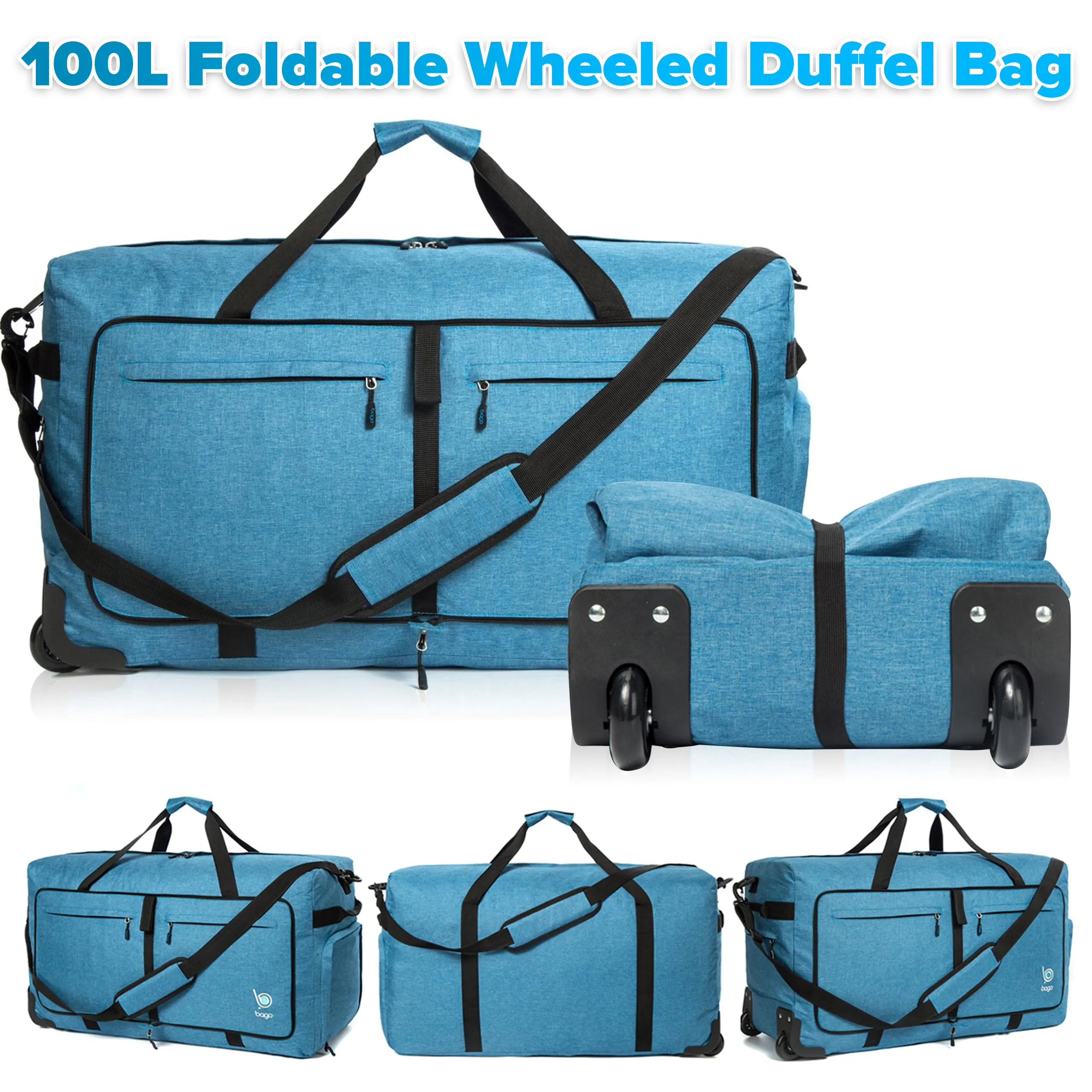 Bago Large Foldable Duffel Bags for Traveling Women & Men - 100L Packable Duffle Bag for Travel with Shoe Compartment - Water Repellant, Heavy Duty, Lightweight Folding & Collapsible