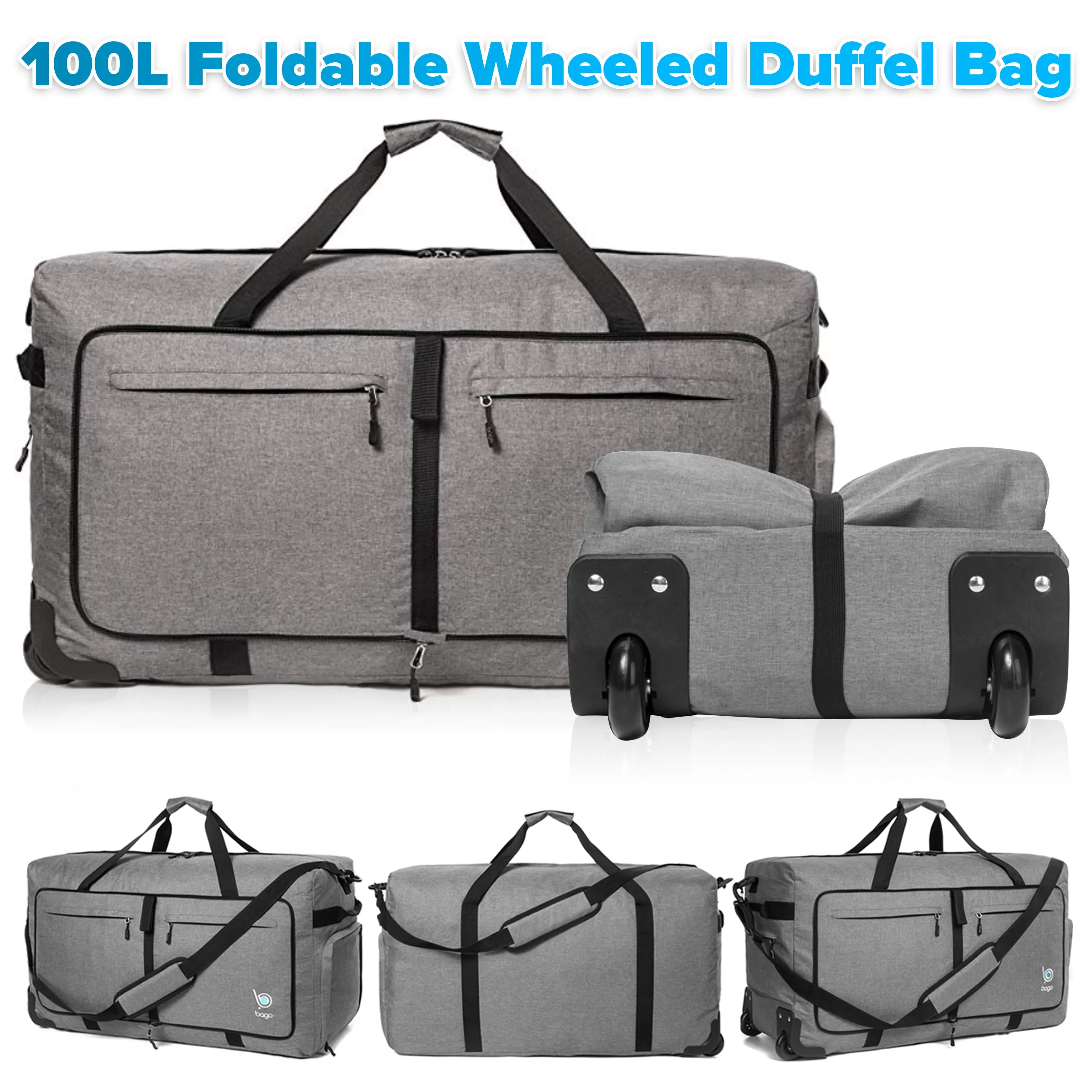 Bago Large Foldable Duffel Bags for Traveling Women & Men - 100L Packable Duffle Bag for Travel with Shoe Compartment - Water Repellant, Heavy Duty, Lightweight Folding & Collapsible