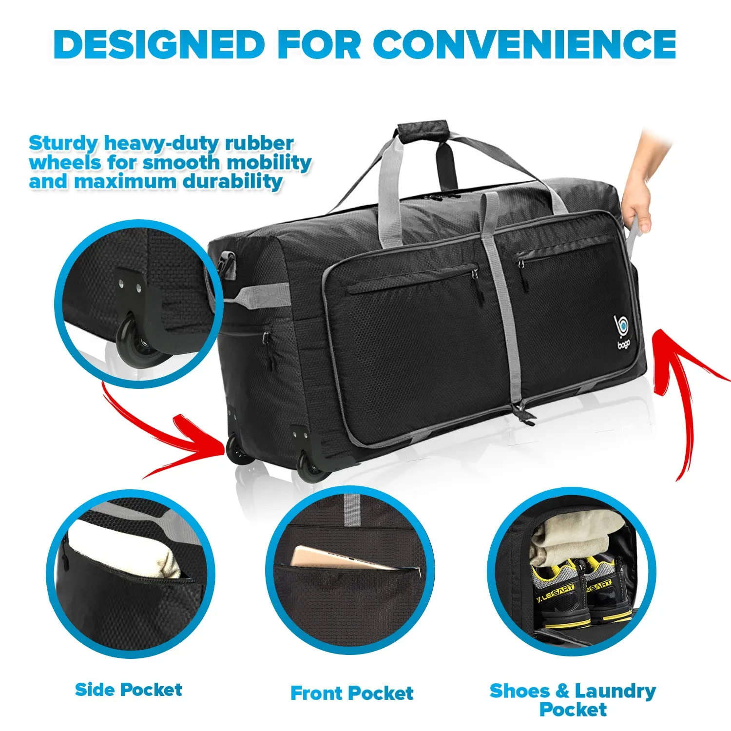 Bago Large Foldable Duffel Bags for Traveling Women & Men - 100L Packable Duffle Bag for Travel with Shoe Compartment - Water Repellant, Heavy Duty, Lightweight Folding & Collapsible