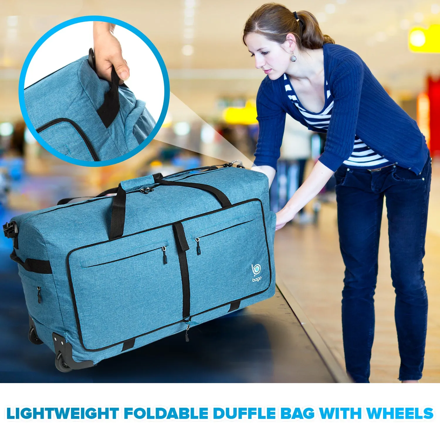 Bago Large Foldable Duffel Bags for Traveling Women & Men - 100L Packable Duffle Bag for Travel with Shoe Compartment - Water Repellant, Heavy Duty, Lightweight Folding & Collapsible