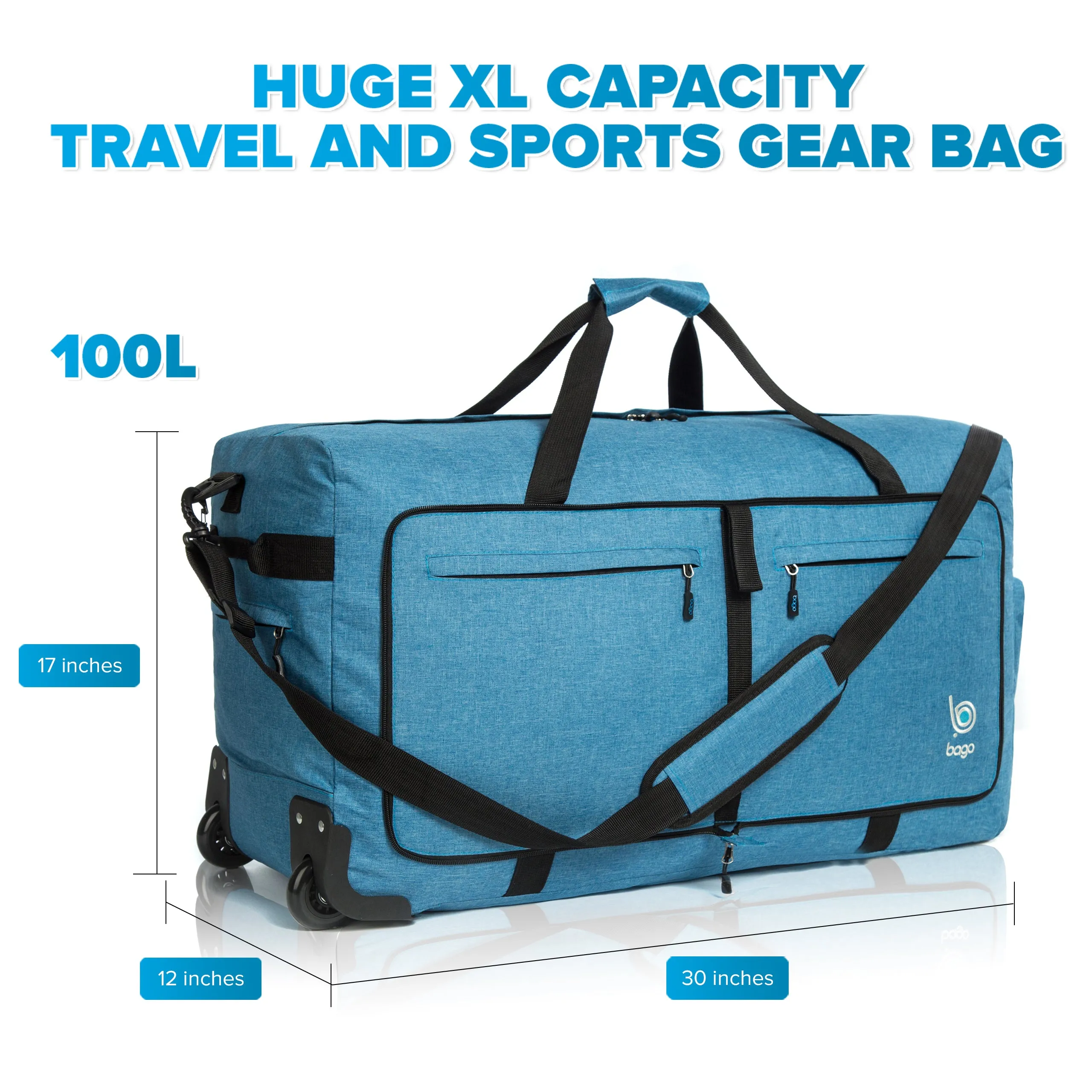 Bago Large Foldable Duffel Bags for Traveling Women & Men - 100L Packable Duffle Bag for Travel with Shoe Compartment - Water Repellant, Heavy Duty, Lightweight Folding & Collapsible