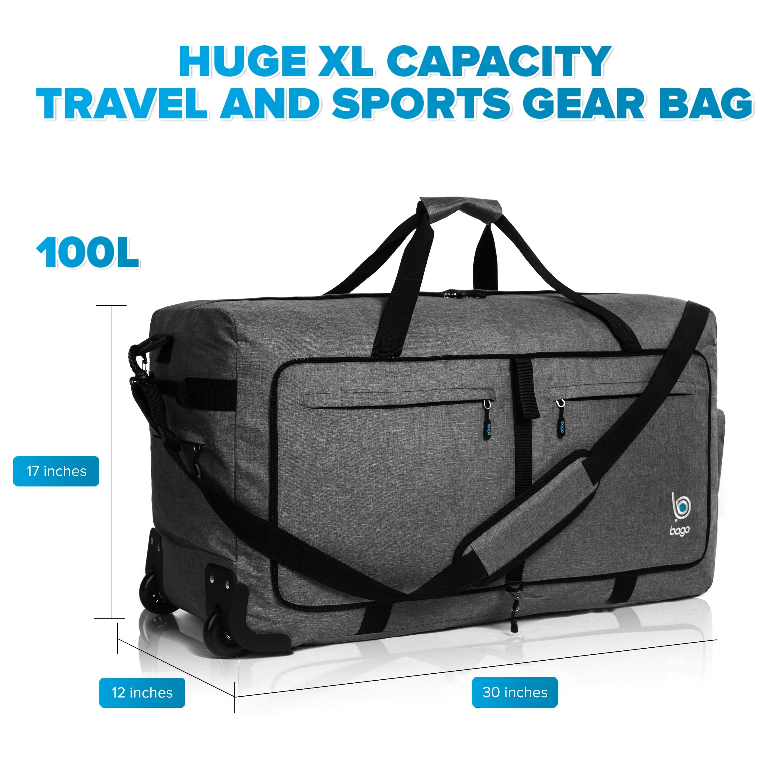 Bago Large Foldable Duffel Bags for Traveling Women & Men - 100L Packable Duffle Bag for Travel with Shoe Compartment - Water Repellant, Heavy Duty, Lightweight Folding & Collapsible