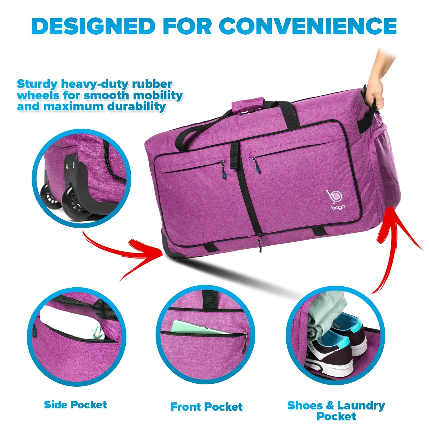 Bago Large Foldable Duffel Bags for Traveling Women & Men - 100L Packable Duffle Bag for Travel with Shoe Compartment - Water Repellant, Heavy Duty, Lightweight Folding & Collapsible