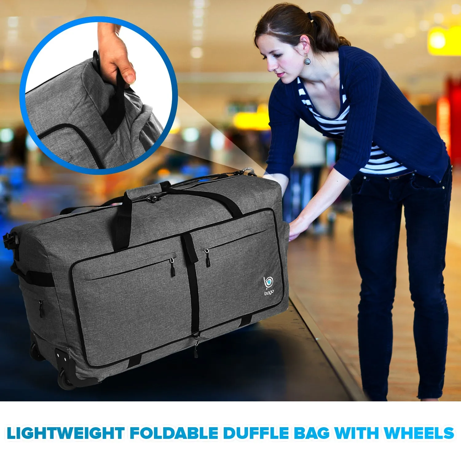 Bago Large Foldable Duffel Bags for Traveling Women & Men - 100L Packable Duffle Bag for Travel with Shoe Compartment - Water Repellant, Heavy Duty, Lightweight Folding & Collapsible