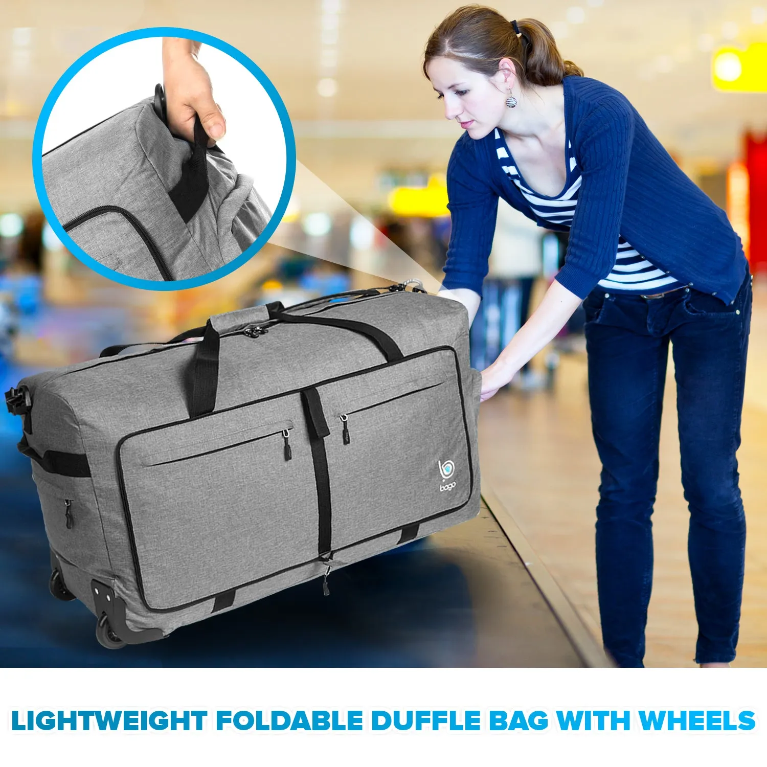 Bago Large Foldable Duffel Bags for Traveling Women & Men - 100L Packable Duffle Bag for Travel with Shoe Compartment - Water Repellant, Heavy Duty, Lightweight Folding & Collapsible
