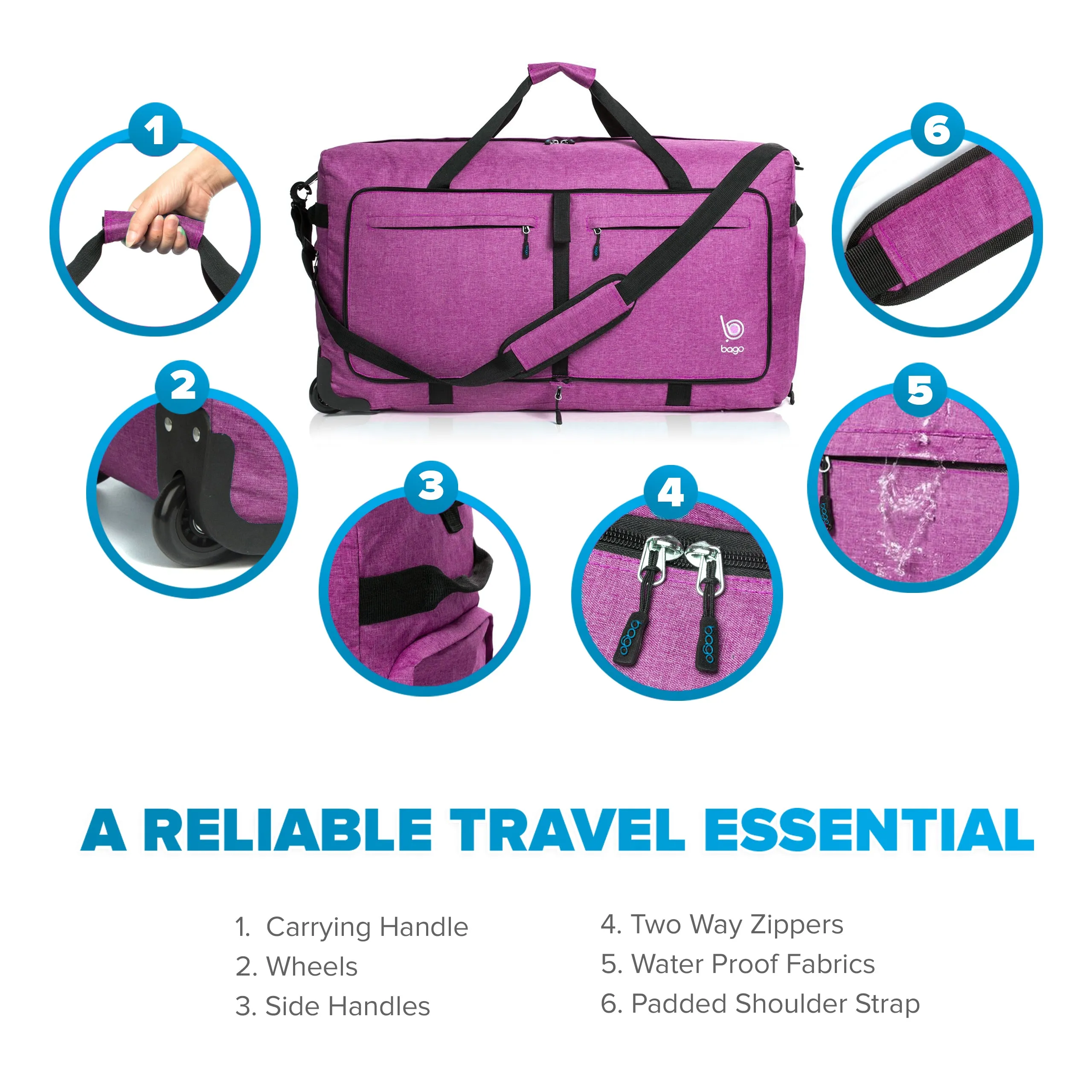 Bago Large Foldable Duffel Bags for Traveling Women & Men - 100L Packable Duffle Bag for Travel with Shoe Compartment - Water Repellant, Heavy Duty, Lightweight Folding & Collapsible