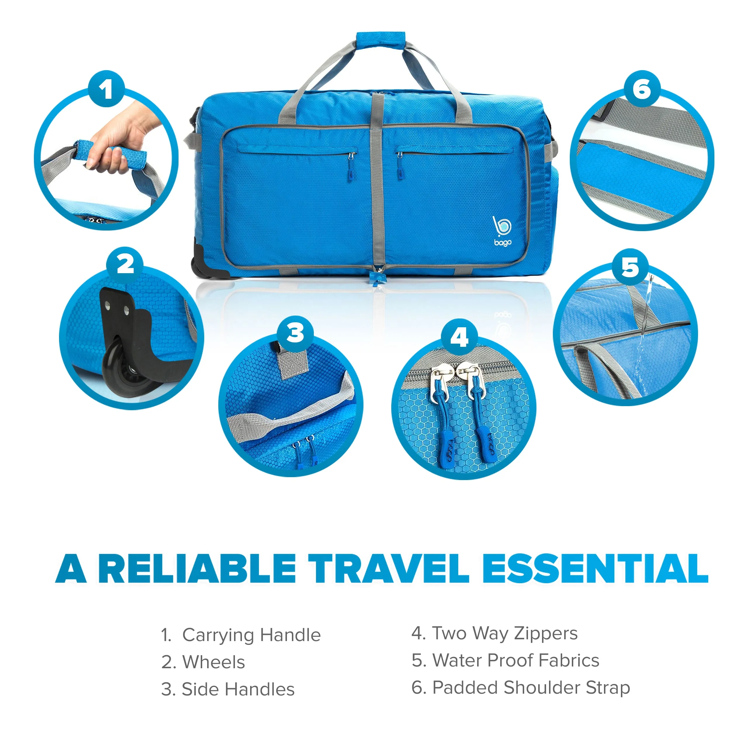Bago Large Foldable Duffel Bags for Traveling Women & Men - 100L Packable Duffle Bag for Travel with Shoe Compartment - Water Repellant, Heavy Duty, Lightweight Folding & Collapsible