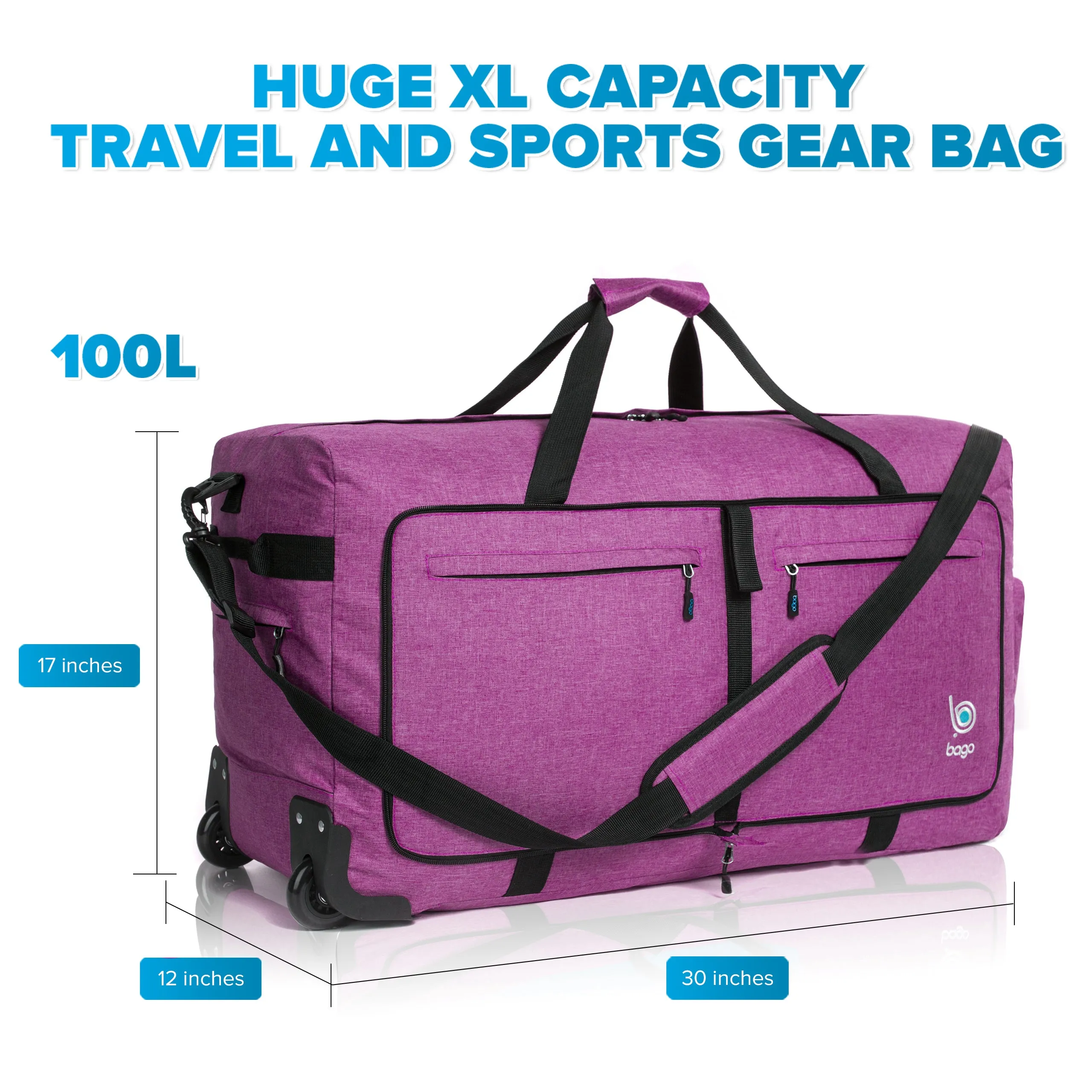 Bago Large Foldable Duffel Bags for Traveling Women & Men - 100L Packable Duffle Bag for Travel with Shoe Compartment - Water Repellant, Heavy Duty, Lightweight Folding & Collapsible