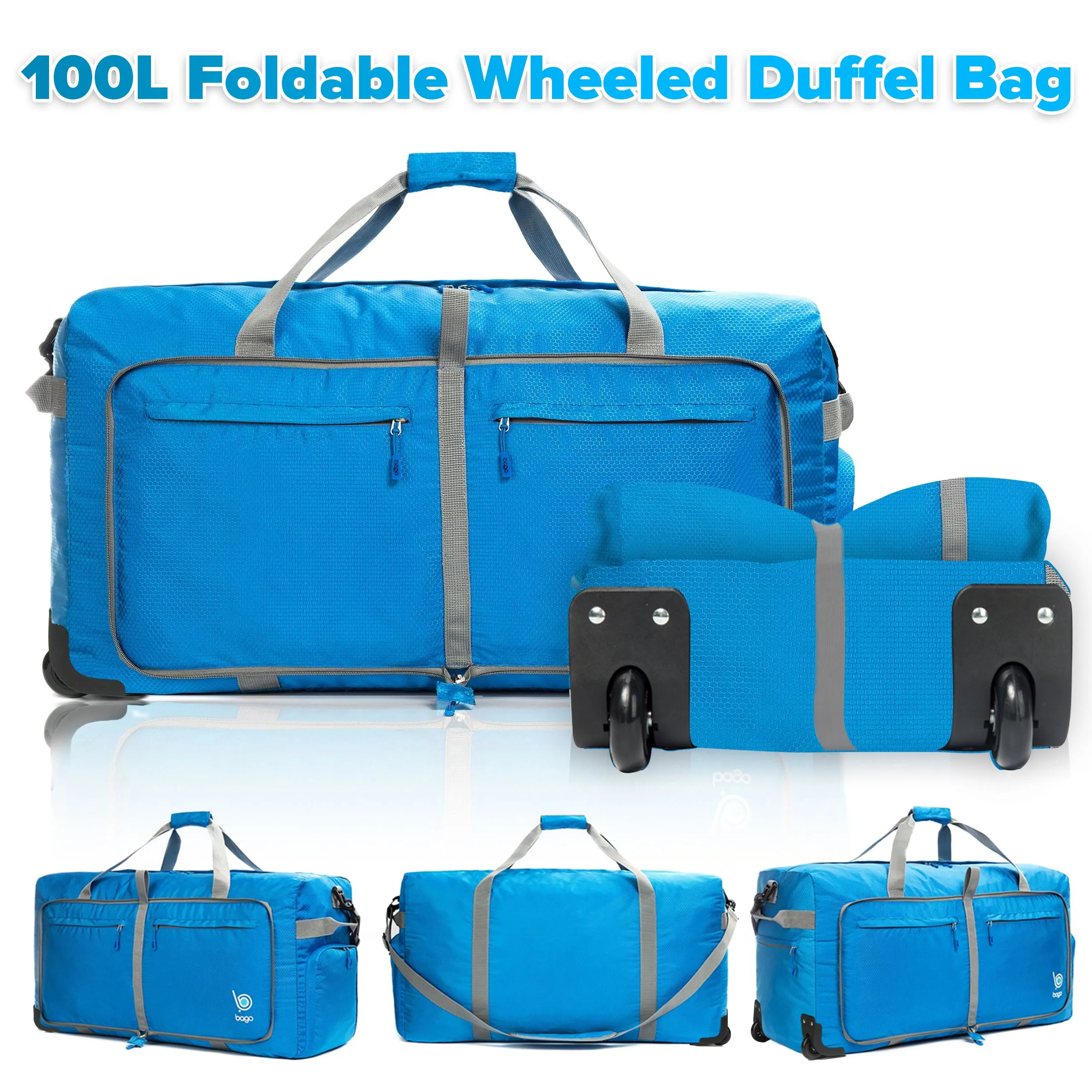 Bago Large Foldable Duffel Bags for Traveling Women & Men - 100L Packable Duffle Bag for Travel with Shoe Compartment - Water Repellant, Heavy Duty, Lightweight Folding & Collapsible