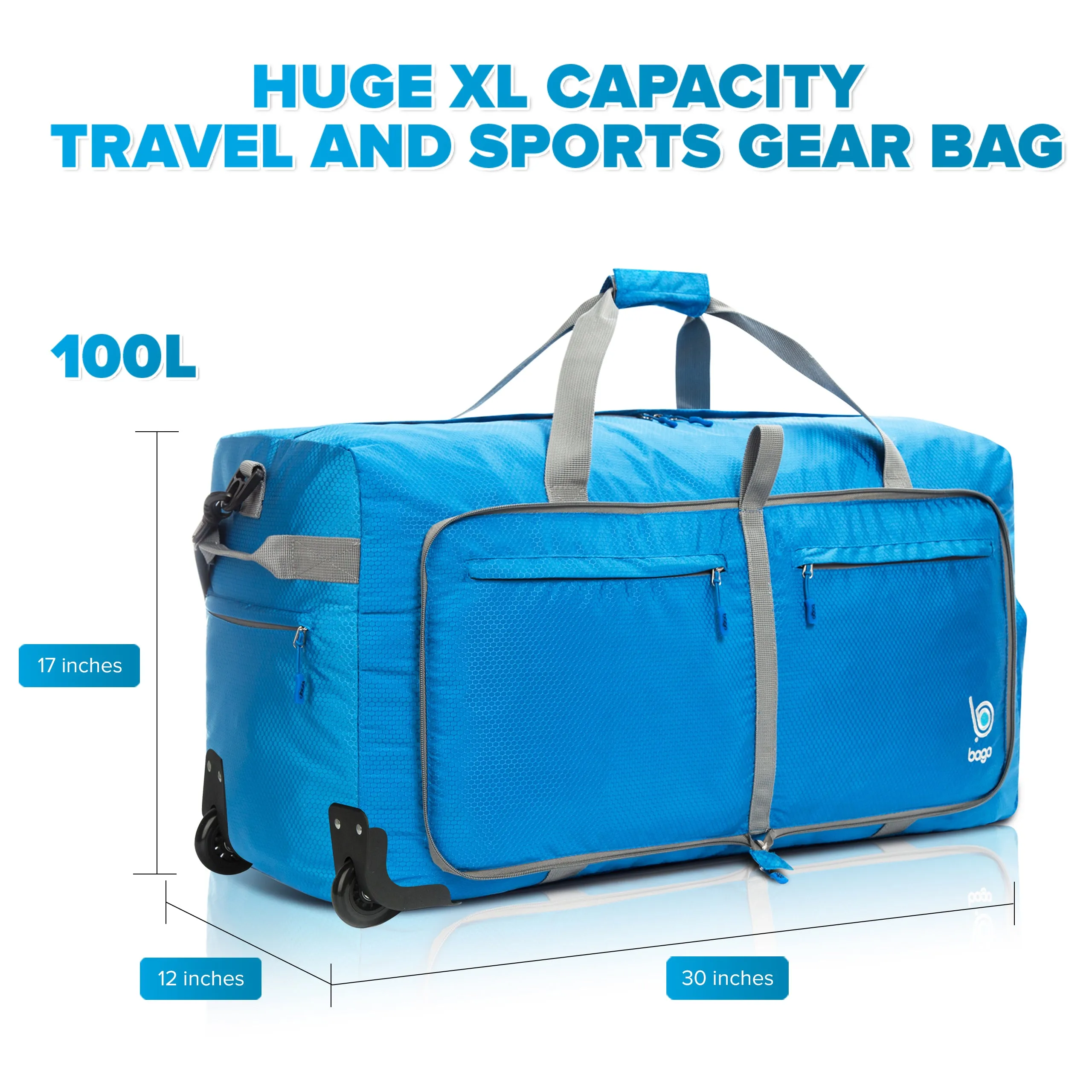 Bago Large Foldable Duffel Bags for Traveling Women & Men - 100L Packable Duffle Bag for Travel with Shoe Compartment - Water Repellant, Heavy Duty, Lightweight Folding & Collapsible