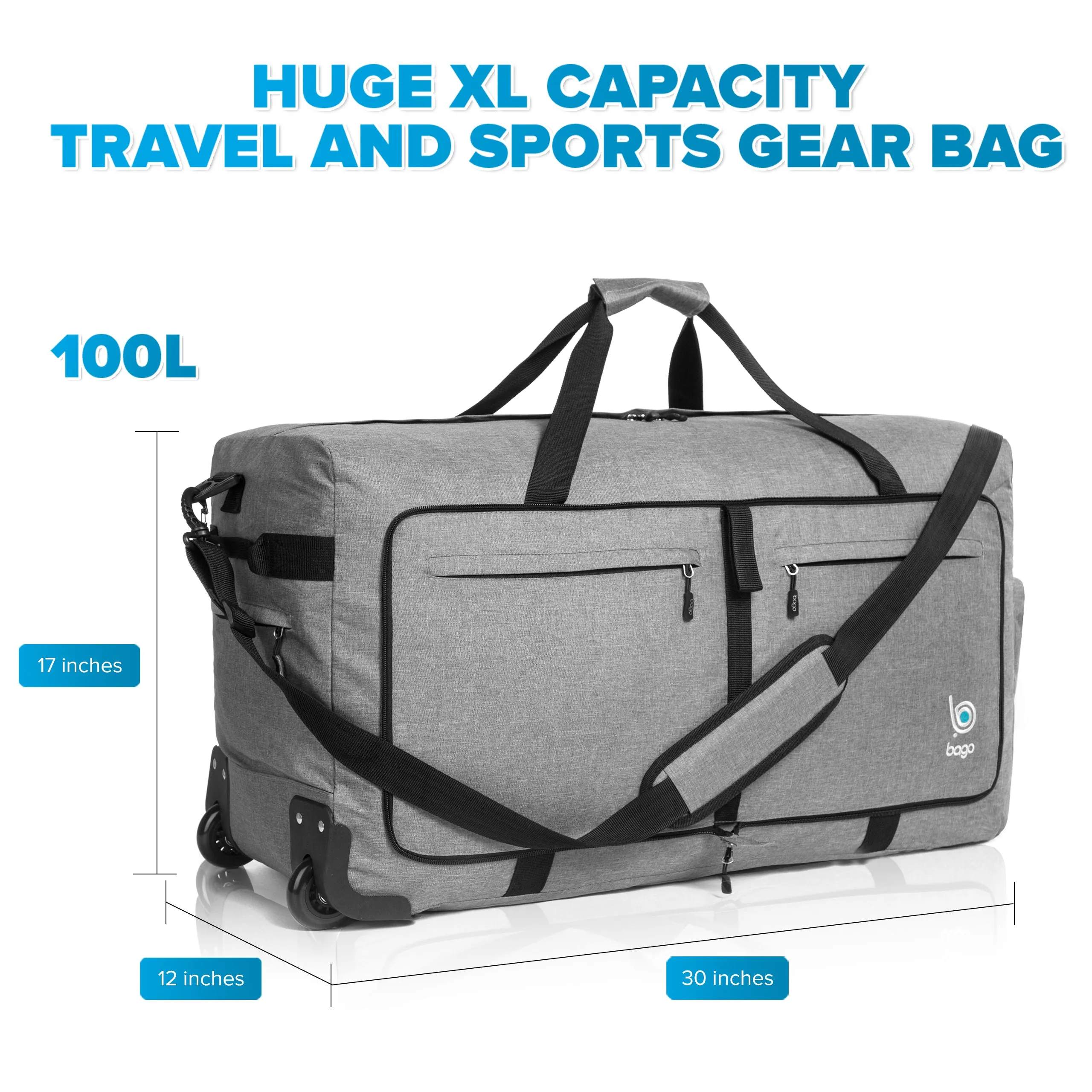 Bago Large Foldable Duffel Bags for Traveling Women & Men - 100L Packable Duffle Bag for Travel with Shoe Compartment - Water Repellant, Heavy Duty, Lightweight Folding & Collapsible