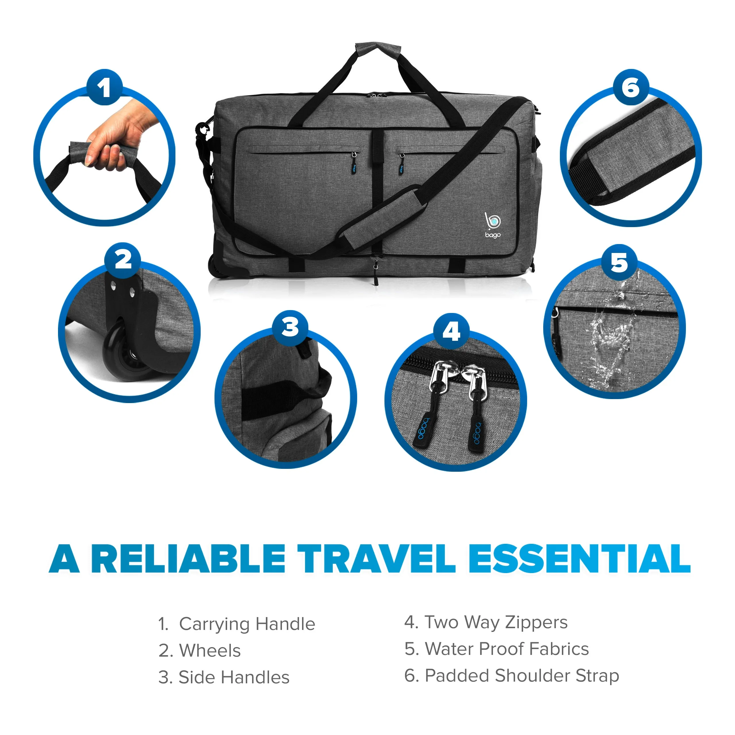 Bago Large Foldable Duffel Bags for Traveling Women & Men - 100L Packable Duffle Bag for Travel with Shoe Compartment - Water Repellant, Heavy Duty, Lightweight Folding & Collapsible