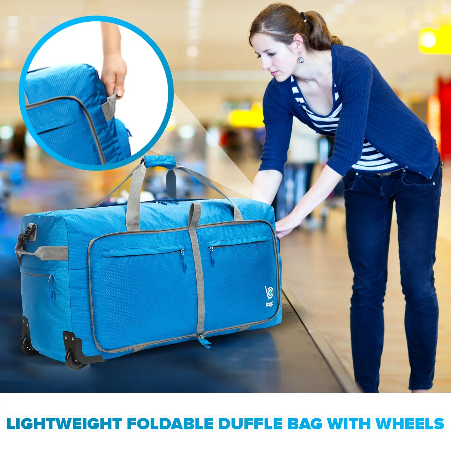 Bago Large Foldable Duffel Bags for Traveling Women & Men - 100L Packable Duffle Bag for Travel with Shoe Compartment - Water Repellant, Heavy Duty, Lightweight Folding & Collapsible