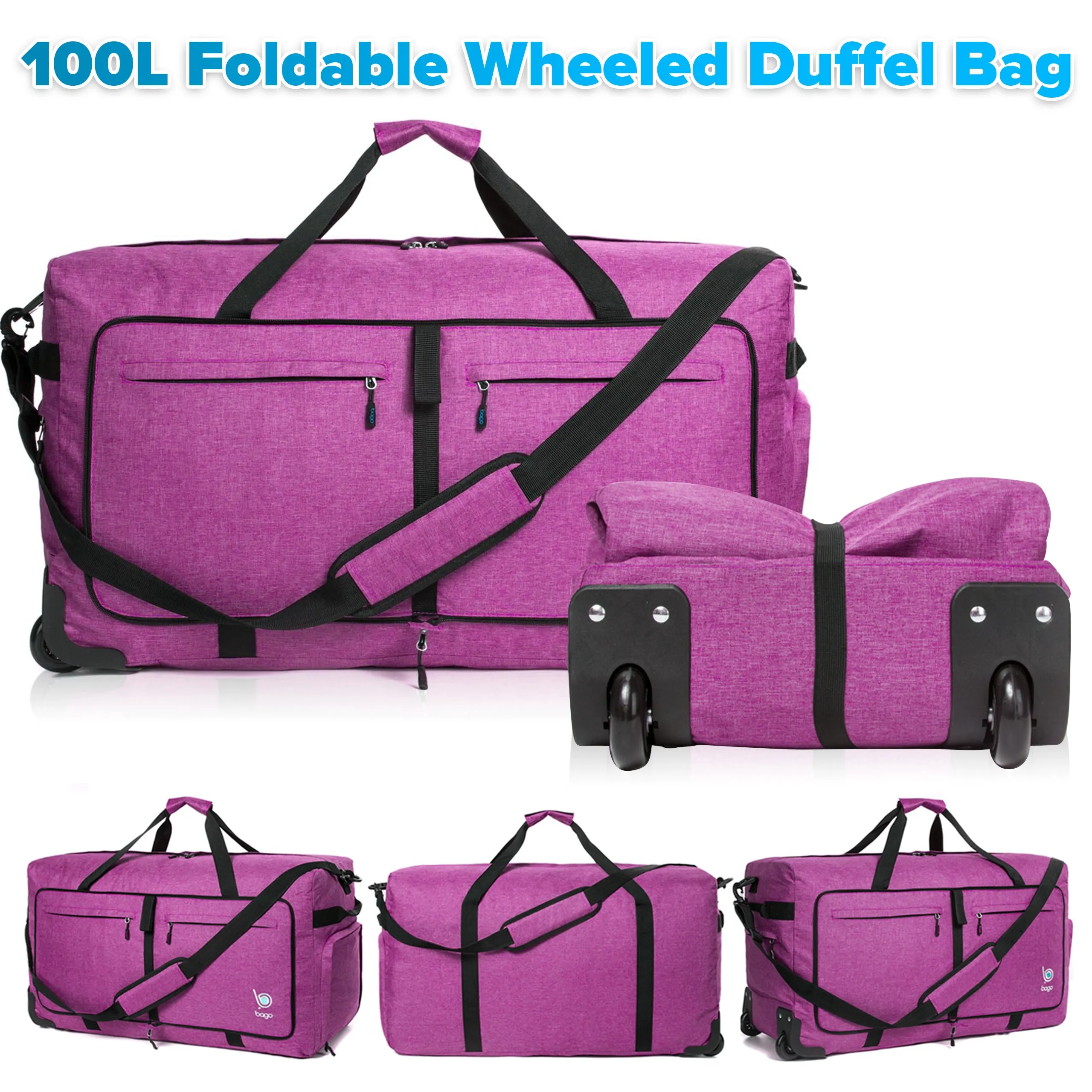 Bago Large Foldable Duffel Bags for Traveling Women & Men - 100L Packable Duffle Bag for Travel with Shoe Compartment - Water Repellant, Heavy Duty, Lightweight Folding & Collapsible