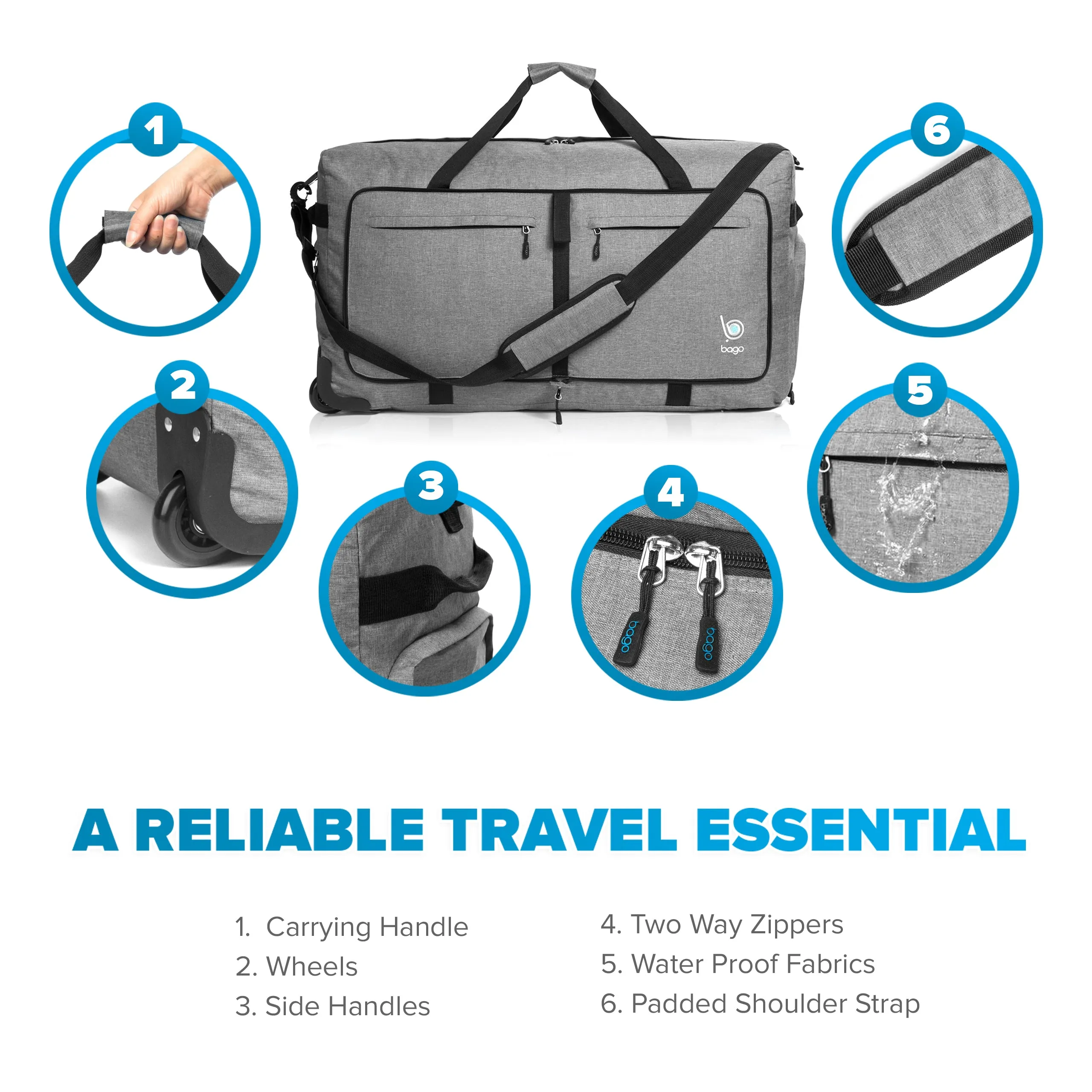 Bago Large Foldable Duffel Bags for Traveling Women & Men - 100L Packable Duffle Bag for Travel with Shoe Compartment - Water Repellant, Heavy Duty, Lightweight Folding & Collapsible