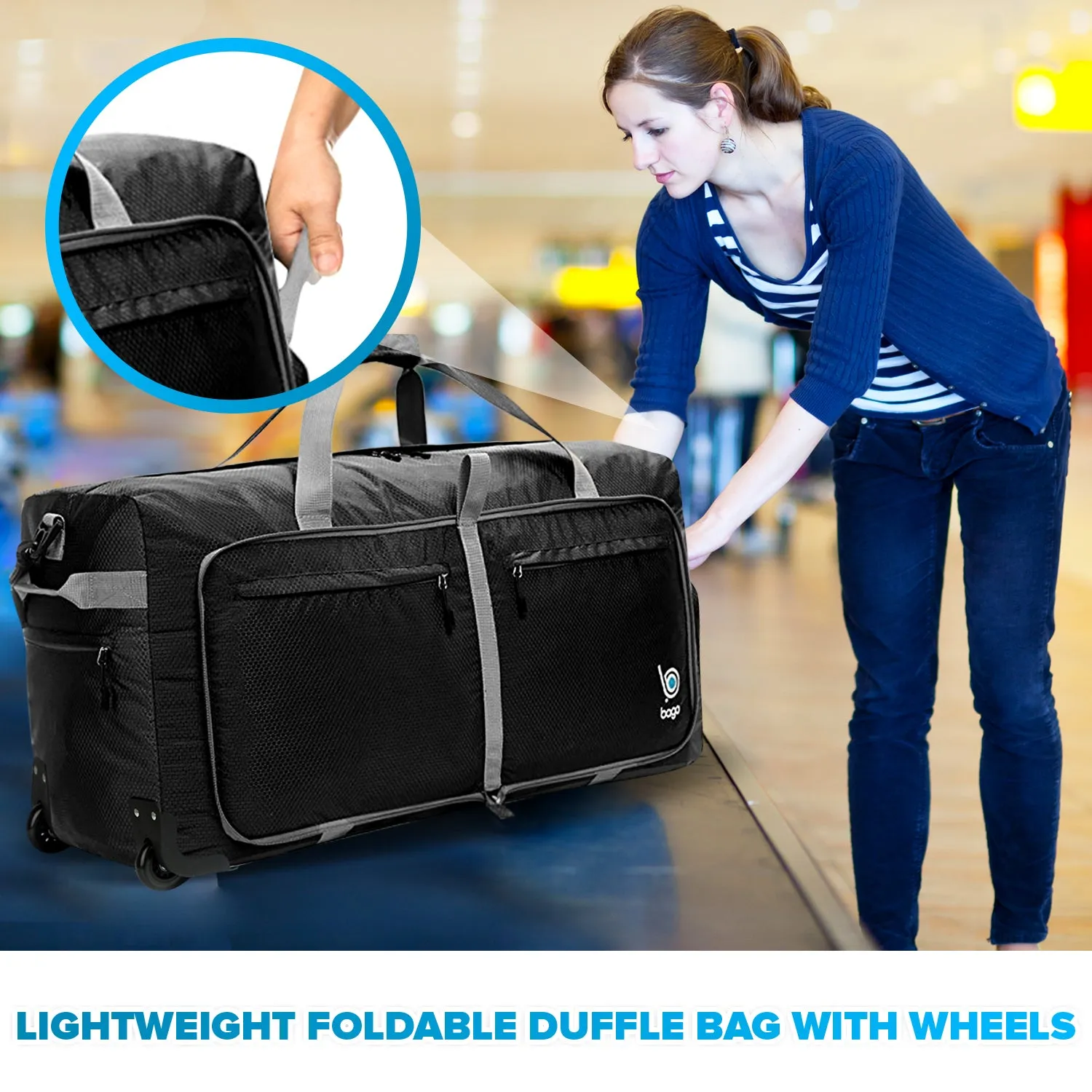Bago Large Foldable Duffel Bags for Traveling Women & Men - 100L Packable Duffle Bag for Travel with Shoe Compartment - Water Repellant, Heavy Duty, Lightweight Folding & Collapsible