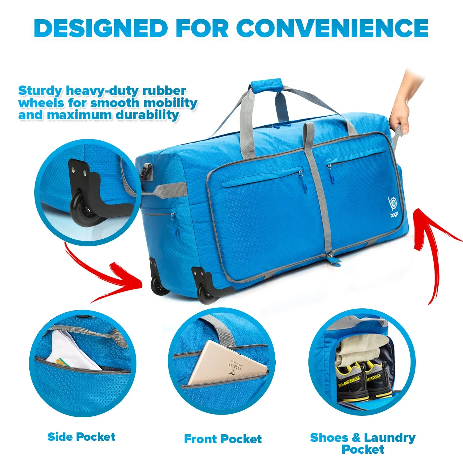 Bago Large Foldable Duffel Bags for Traveling Women & Men - 100L Packable Duffle Bag for Travel with Shoe Compartment - Water Repellant, Heavy Duty, Lightweight Folding & Collapsible