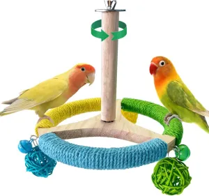 Bird Stand Perch Toy with Chew Toy Parrot Spinning Interactive Rotating Toy Natural Wood Exercise Wheel Parakeet Toys Bird Cage Accessories for Budgies Parrots Cockatiels Conures Lovebirds