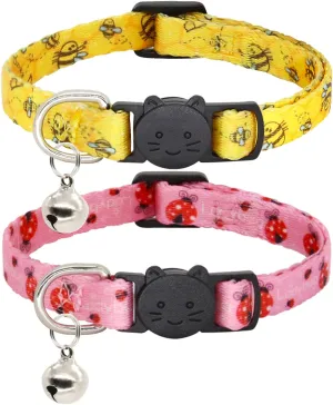 Cat Collar, 2 Pack Breakaway Collar with Bells, Safety Buckle Kitten Collars for Boy and Girl Cats, Bee Ladybug