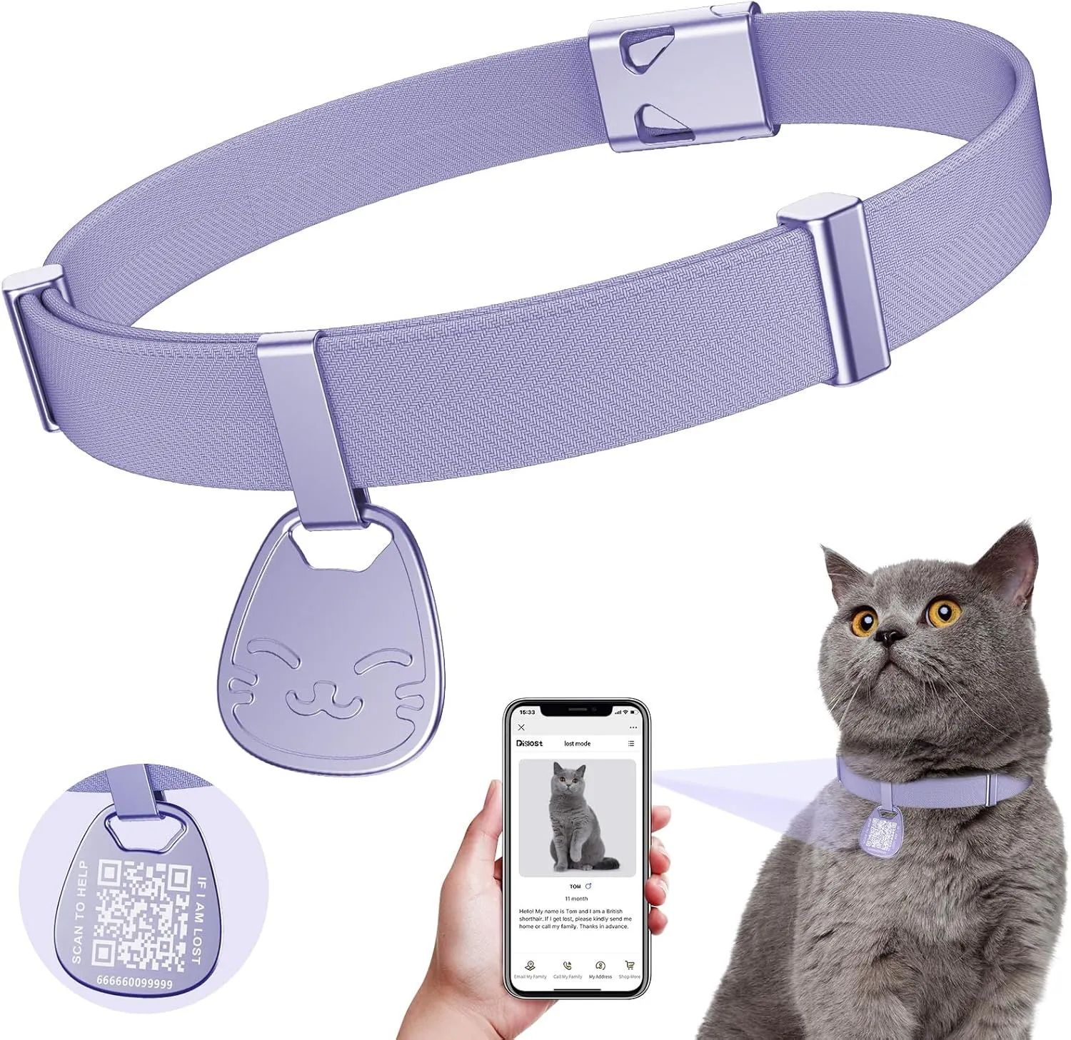 Cat Collar with Name Tag Breakaway: Reflective Kitten Collars with QR Code ID Tag for Girl Boy Cats, Ultra Soft & Elastic Adjustable (6"-12") Cat Collar with Break Away Safety Buckle, Purple