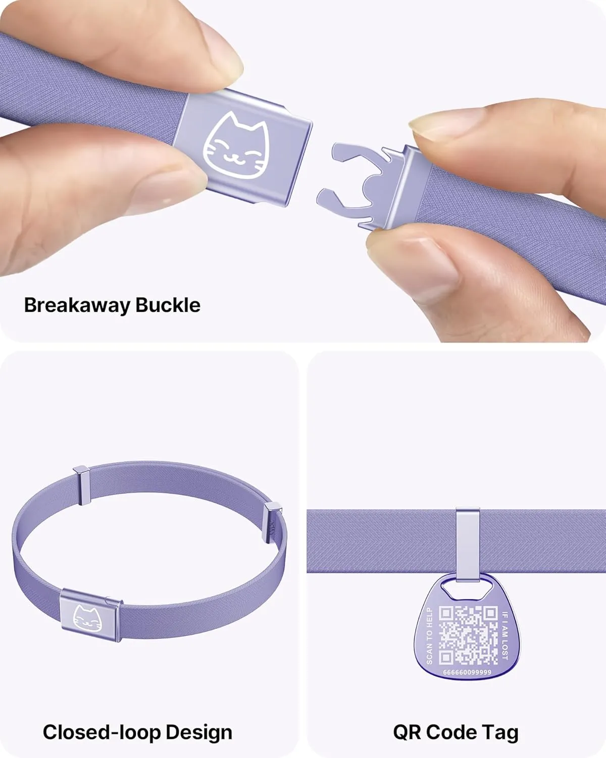 Cat Collar with Name Tag Breakaway: Reflective Kitten Collars with QR Code ID Tag for Girl Boy Cats, Ultra Soft & Elastic Adjustable (6"-12") Cat Collar with Break Away Safety Buckle, Purple