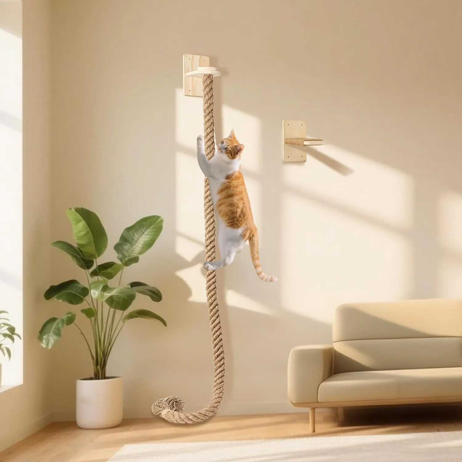 Cat Scratching Post Wall-Mounted Cat Ladder, Cat Tree with Durable Climbing Rope & Space-Saving Cat Furniture for Indoor Cats - Easy Installation & Sturdy Design
