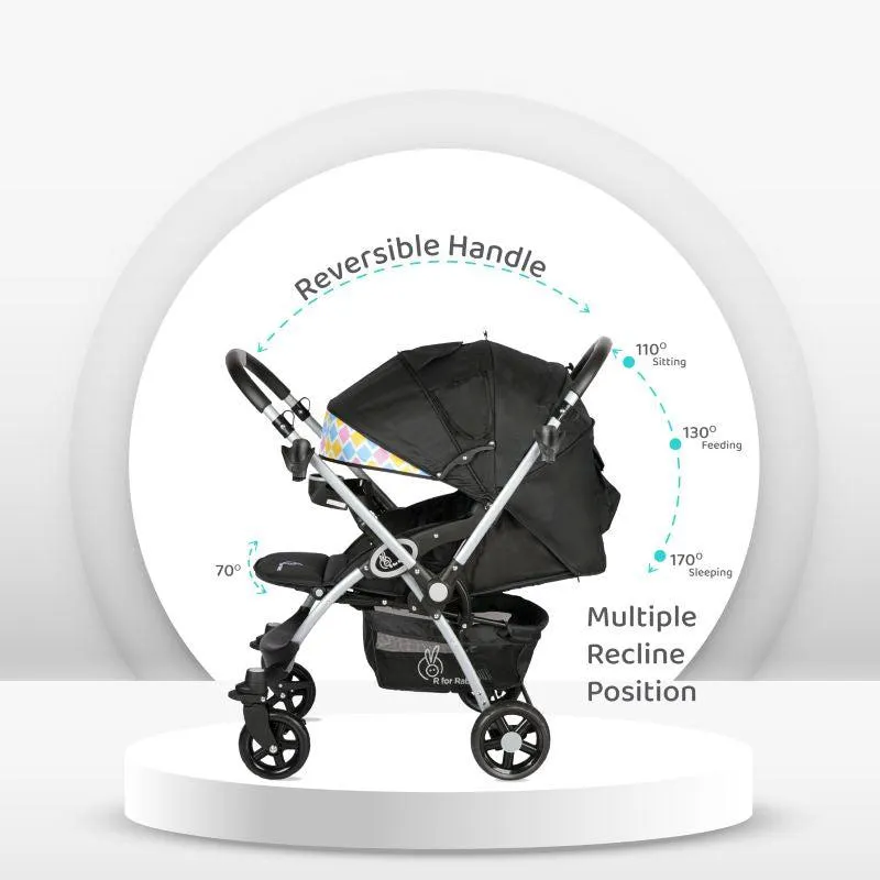 Chocolate Ride Stroller For Kids - Reversible Handle, Multiple Recline Positions, Cup Holder with Meal Tray, 5 Point Safety Harness, Storage Basket
